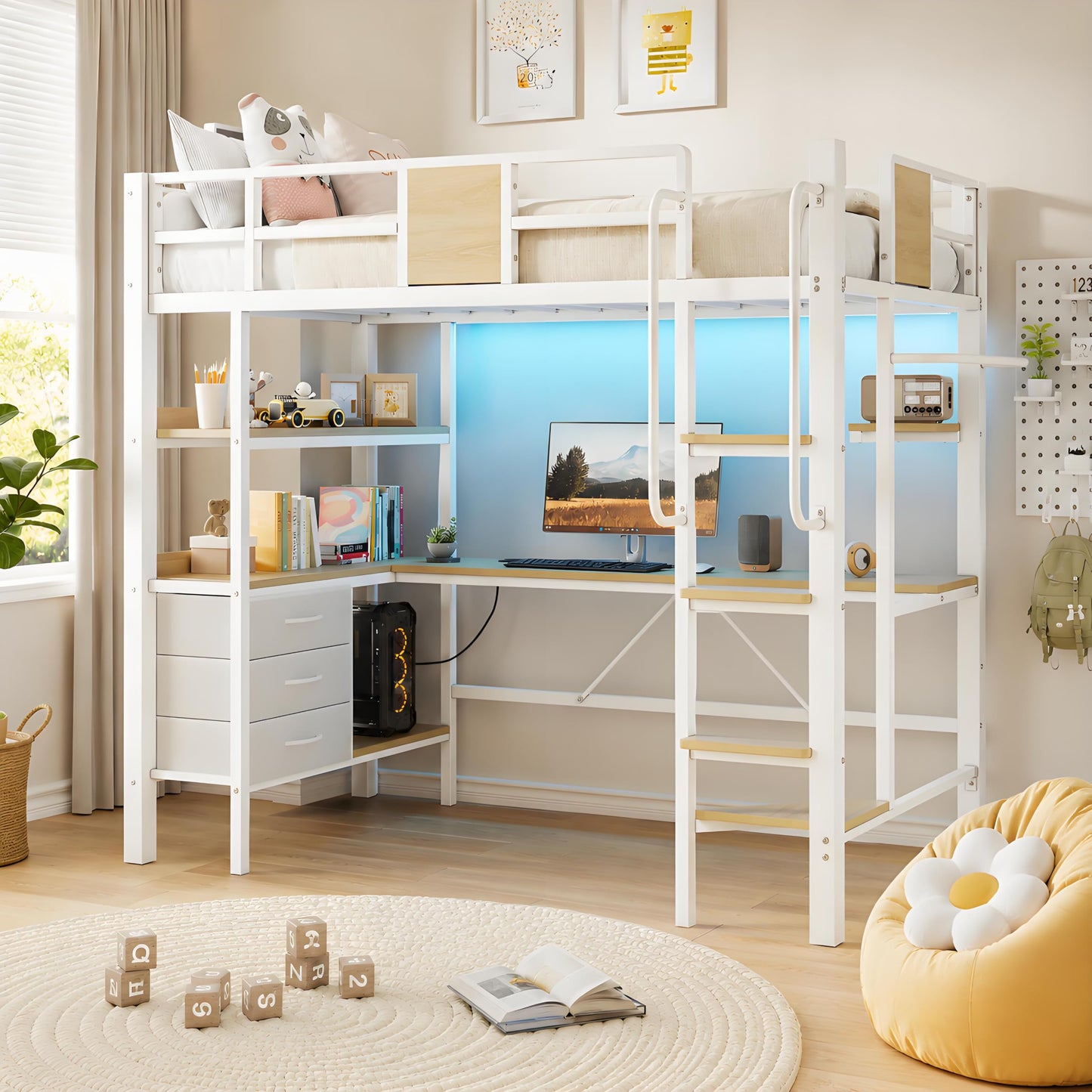 GarveeLife Twin Size Loft Bed Frame with Desk and Storage Shelves, Metal Loft Bed with Ladder and Full-Length Guardrails, Space Saving Kids Bed with Built-in Workstation for Bedroom, White