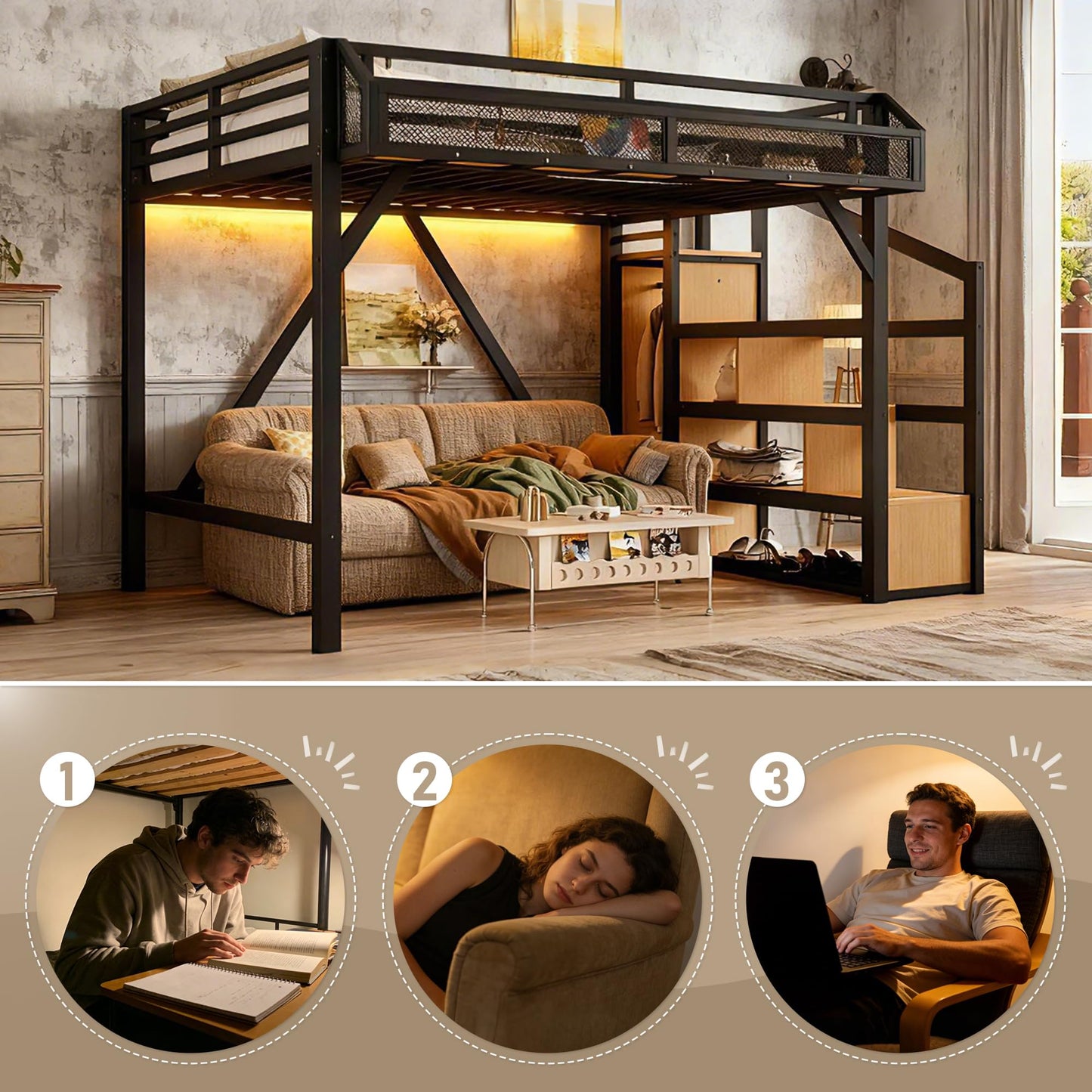 Bellemave Twin XL Loft Bed Frame with Storage Stairs, Beside Shelf & Wardrobe, Metal Loft Bed Twin XL with USB Ports & LED Light, Large Under-Bed Space Loft Beds for Adults, Teens, Kids, Black Natural