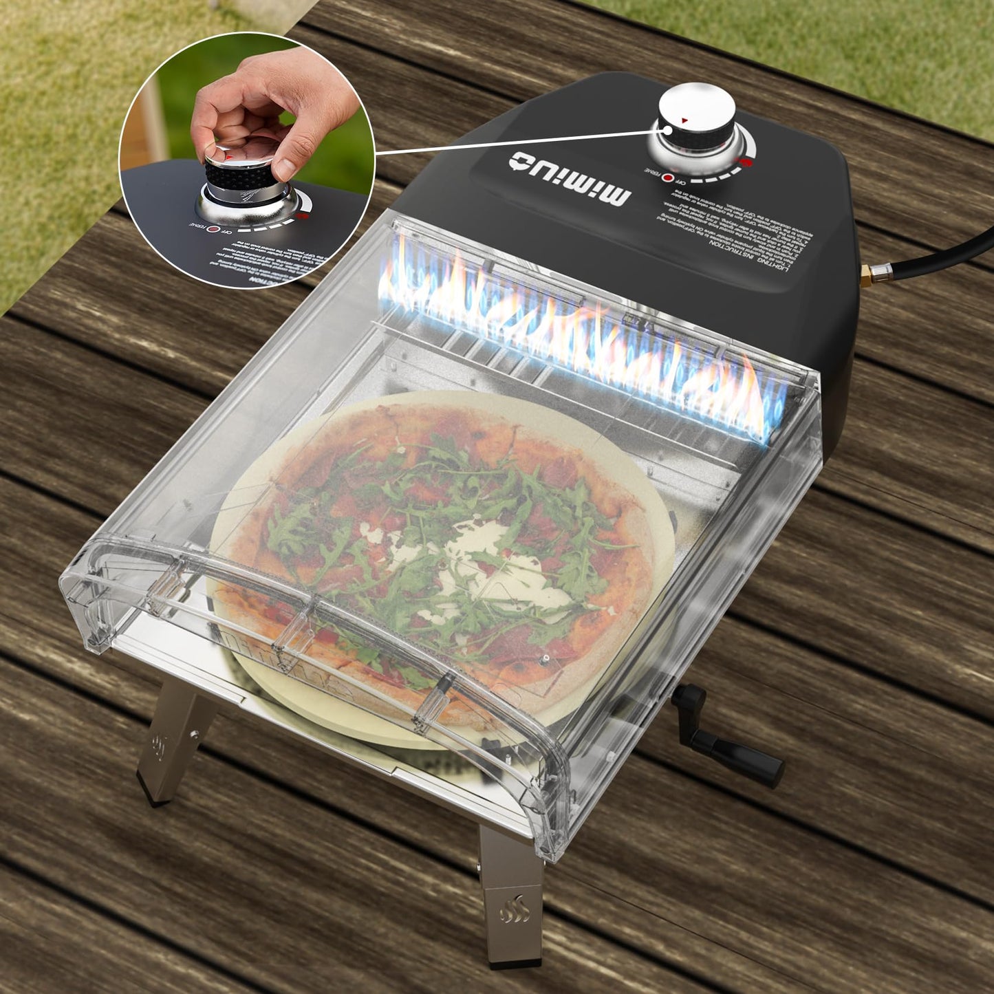 Mimiuo Manual Rotating Pizza Oven Outdoor Gas Propane, Mimiuo Portable 13-Inch Pizza Griller with Rotating Stone, Even Heating No Burning, Includes Oven Cover, Pizza Peel, Cordierite Stone