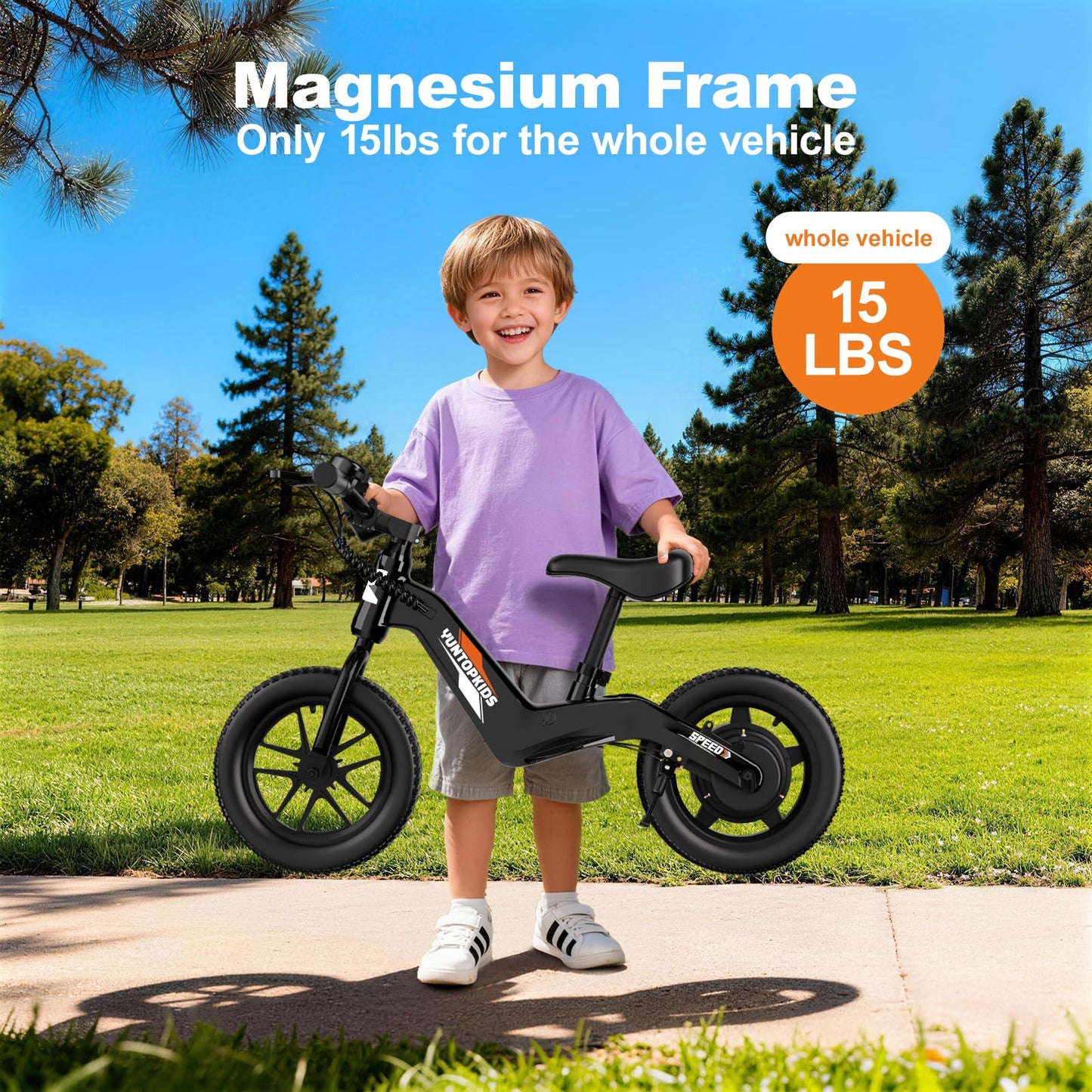 YunTopKids 24V Electric Balance Bike for Kids Ages 3-5, 12" Pneumatic Tires, Safe Kick-to-Start, 3 Speeds Up to 9.3 MPH, 180W Motor, LCD, Quick Charging, LED Lights (Black)