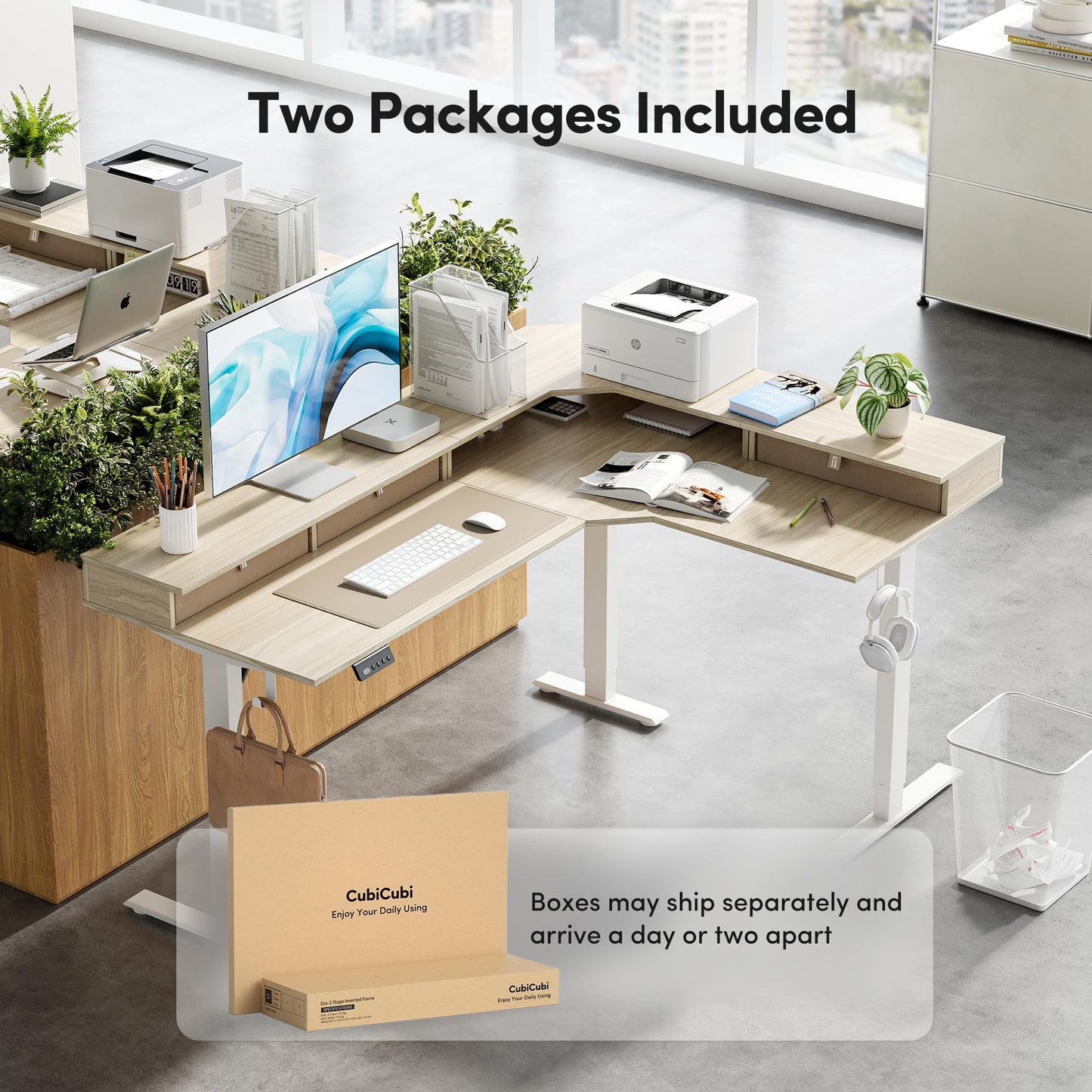 CubiCubi L Shaped Standing Desk with Drawers 63 x 48 Inch Adjustable Height, Electric Corner Desk with Storage, Sit Stand Home Office Desk with Splice Board, Light Walnut