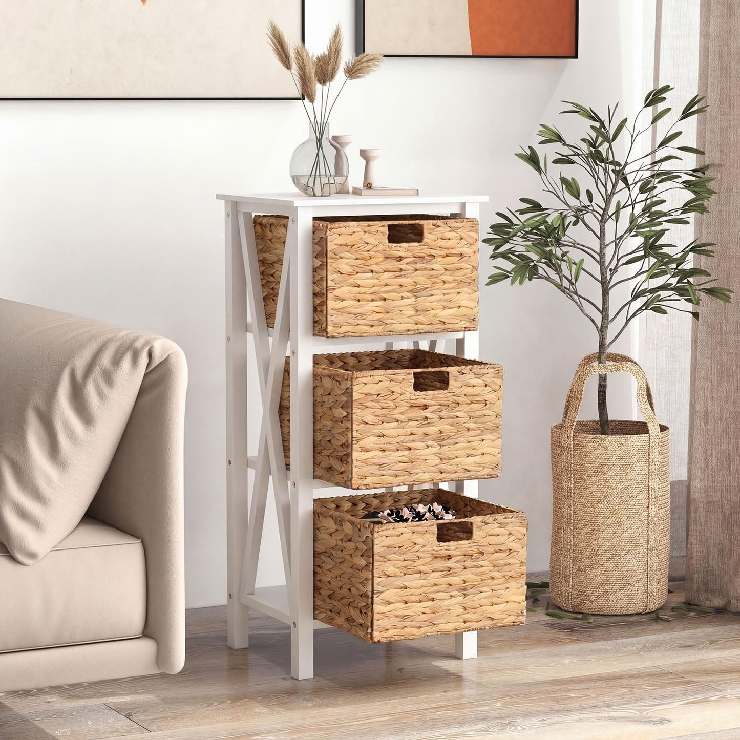 Giantex 3-Tier Nightstand with 3 Wicker Baskets Set of 2, Wooden X-Design Side Table End Table, Beside Table with Acacia Wood Legs, Mid Century Accent Storage Cabinet for Small Spaces, Bedroom, White