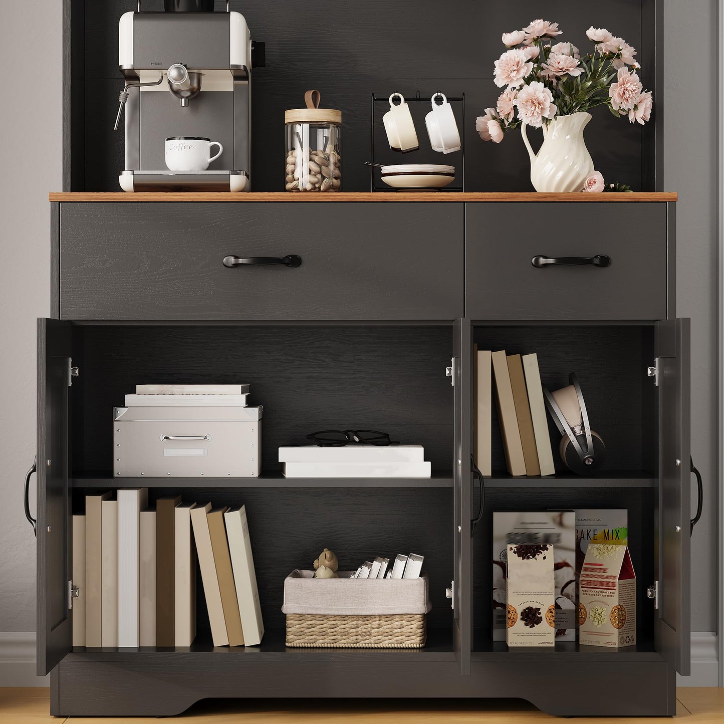 IDEALHOUSE 71" Kitchen Pantry Storage Cabinet with Charging Station, Farmhouse Kitchen Hutch Cabinet with 2 Storage Drawers, Large Food Pantry with Microwave Stand for Dining Room,Living Room,Black