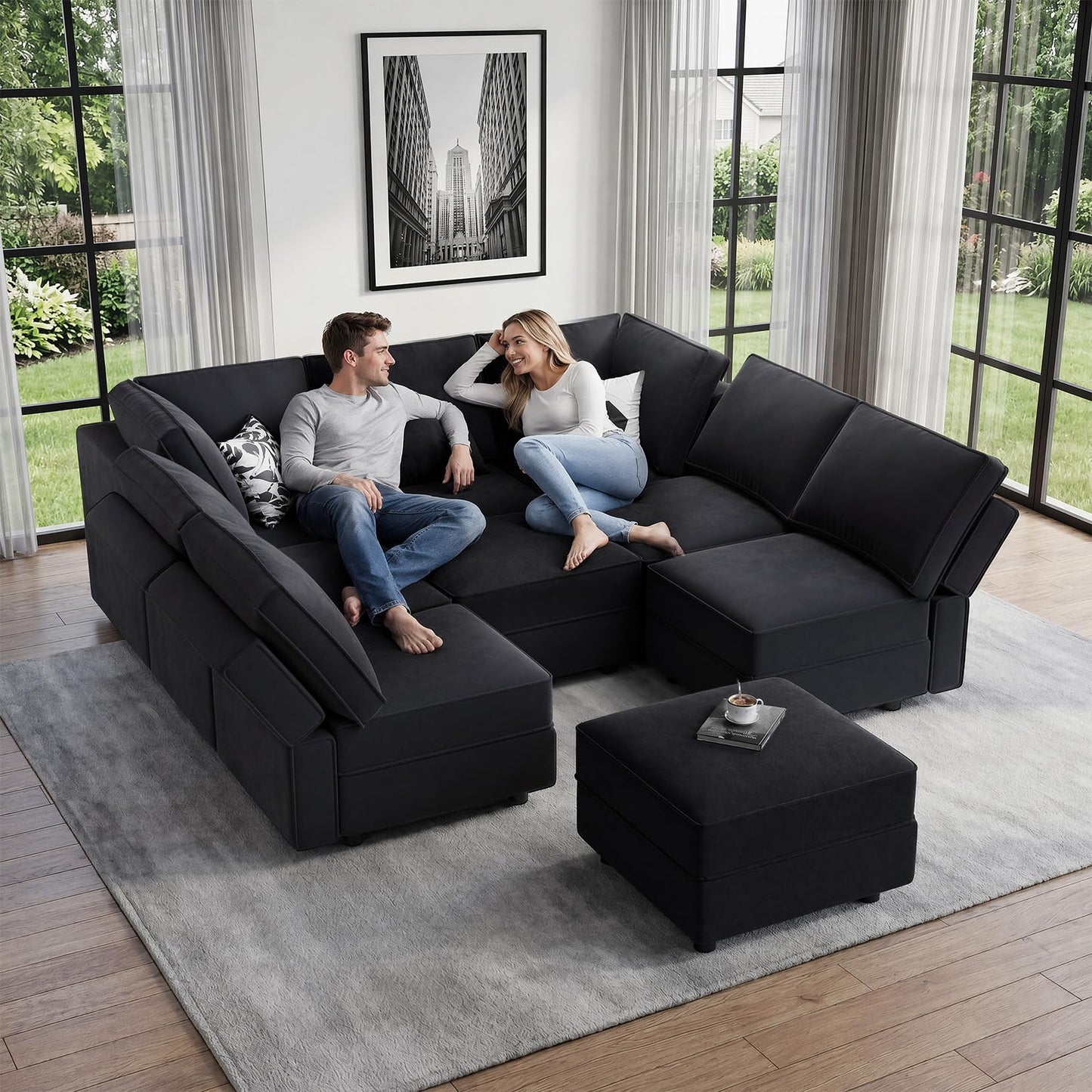 Vesgantti Modular Sofa Bed with Storage, 92" Sleeper Sofas with 9 Seats Storage Chaises Removable Cover, Luxury Large Velvet Sectional Couch Set for Living Room, Apartment, Home Theater, Black