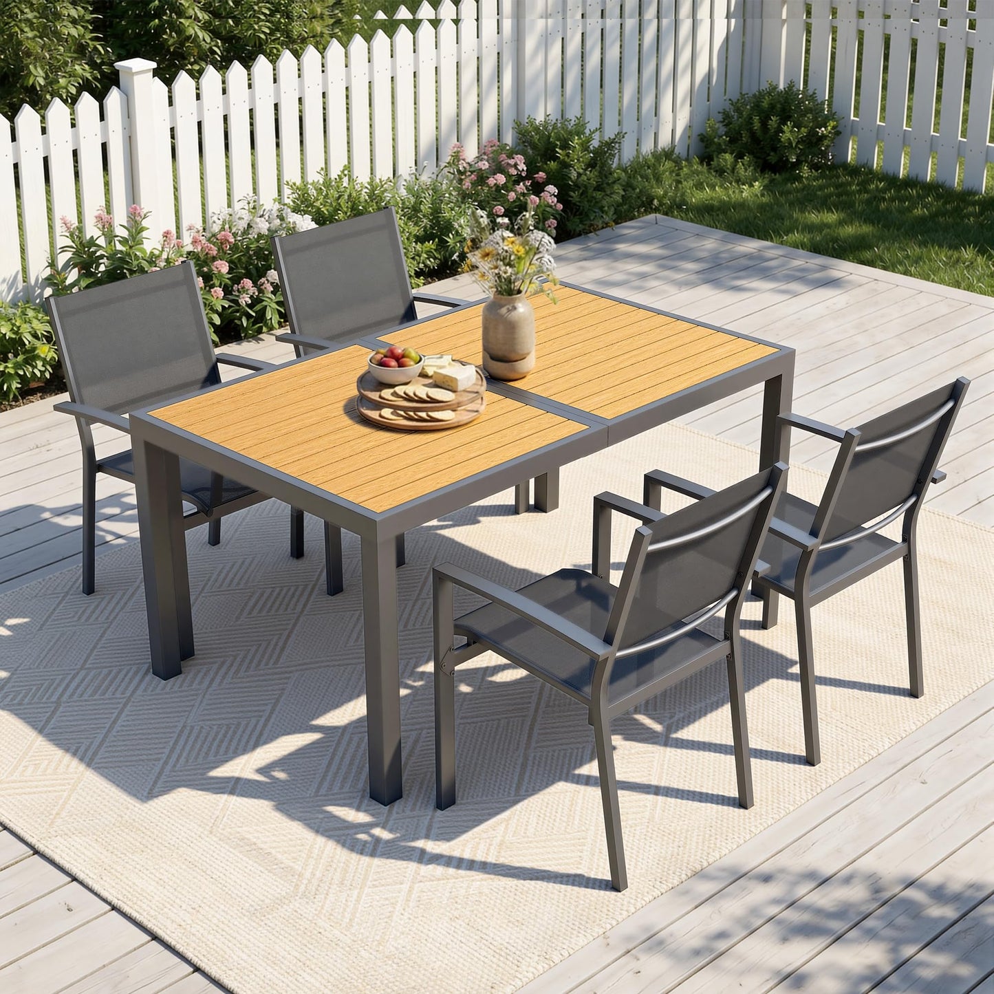 Patio Table and Chairs for 4, Outdoor Patio Dining Furniture Set with Aluminum Table and Metal Textilene Chairs, All-Weather Patio Table Set with HDPS Rectangular Tabletop for Garden Porch