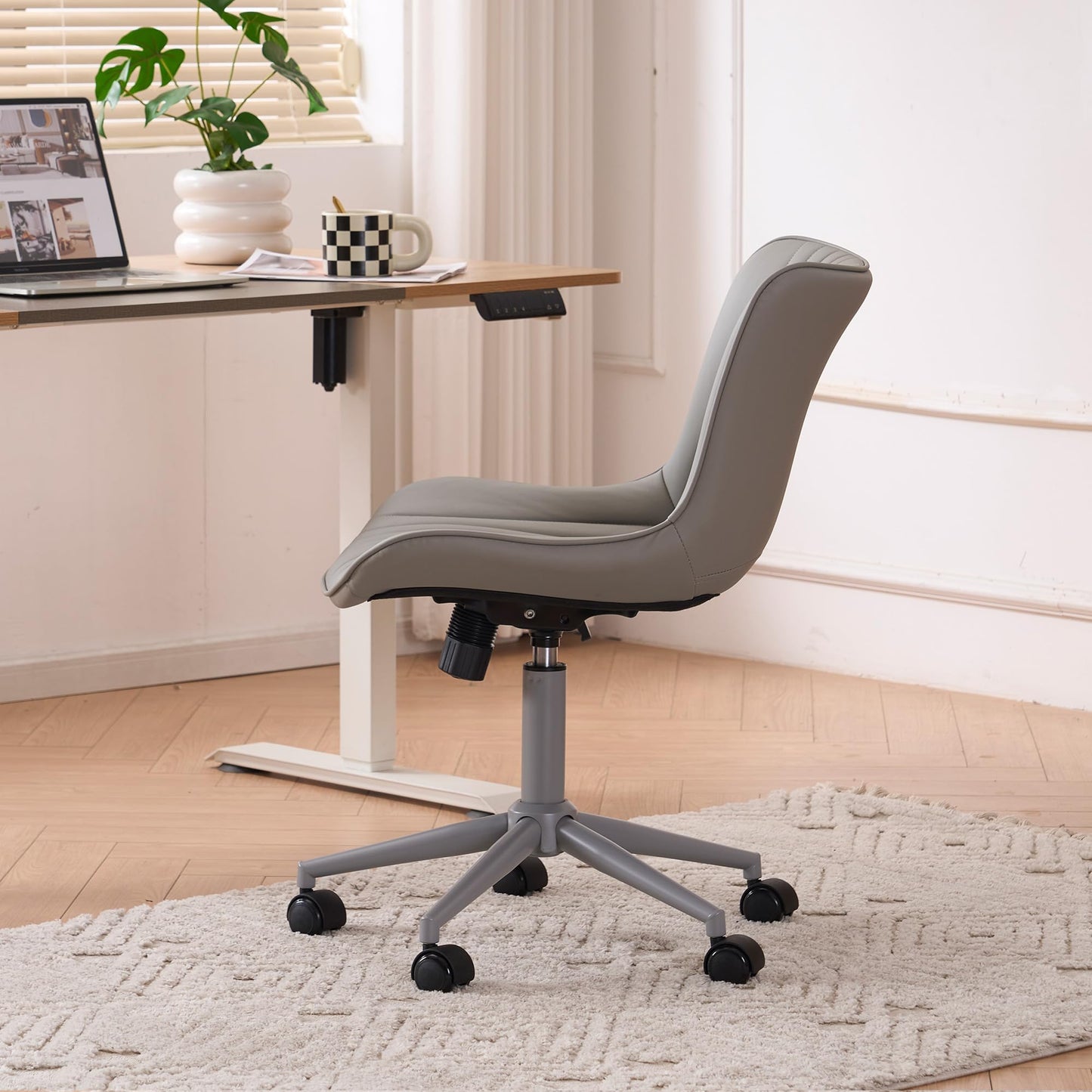 YOUTASTE Grey Armless Office Chair, Modern Adjustable Swivel Desk Chair with Wheels, Upholstered PU Leather, Gray Metal Legs, Back Support for Home Office, Study, Vanity, Bedroom