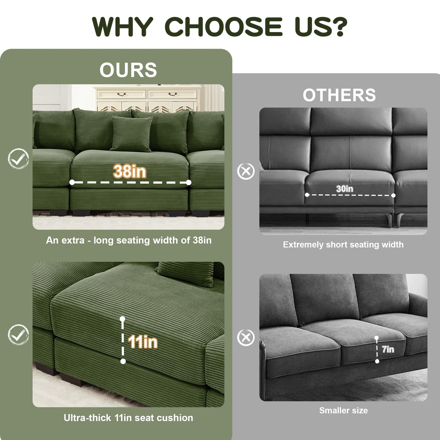 KEIKI 83" L-Shaped Oversized Corduroy Modular Sectional Loveseat Sofa with 1 Ottoman, High-Density Foam Cushion, Extra-Thick Armrest, 2-Seater Fluffy Corner Couch with 6 Pillow, for Living Room, Green
