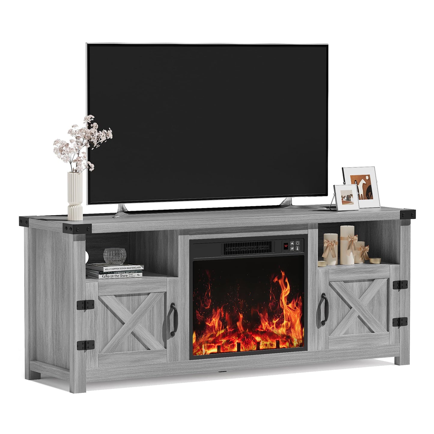 YESHOMY Fireplace TV Stand with Barn Doors and Open Display Shelf, Farmhouse Media Console with Hidden Cable Routing, Entertainment Center for Televisions up to 65+ Inch, Gray Wash