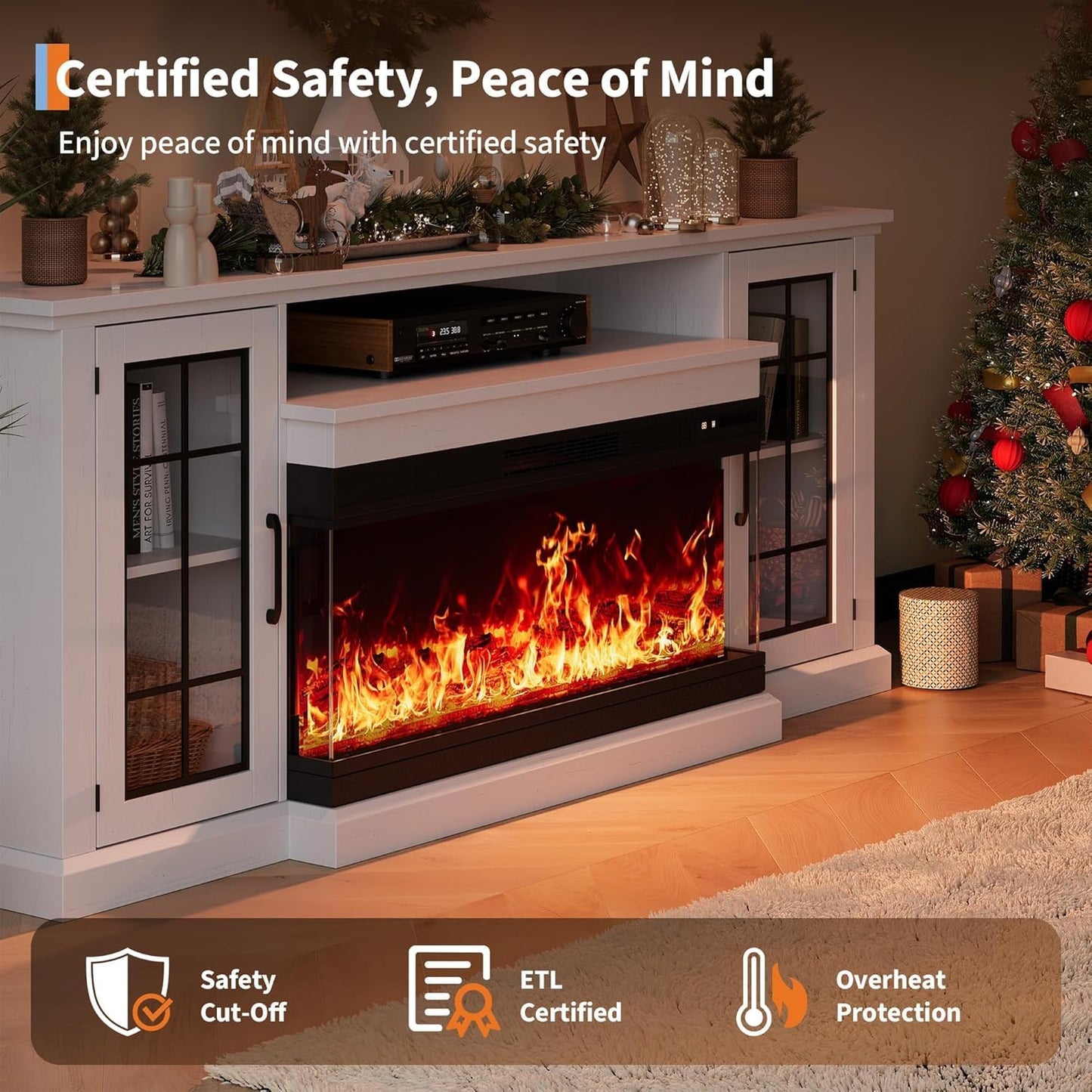 Fireplace TV Stand with 3-Sided Glass, Adjustable LED Flame, 12 Flame and Log Colors, Glass Doors and Storage Shelves, Modern Farmhouse Electric Fireplace Entertainment Center for TVs Up to 85"