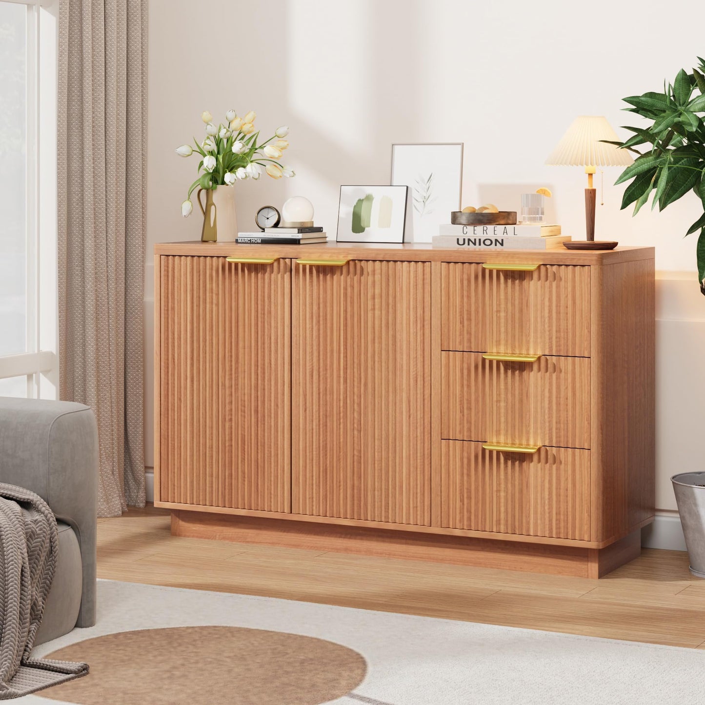IDEALHOUSE 47" Fluted Sideboard Buffet Cabinet, Coffee Bar Cabinet with 2 Drawers & 3 Doors, Large Capacity Storage Sideboard for Living Room Kitchen Hallway, and Entryway, Natural
