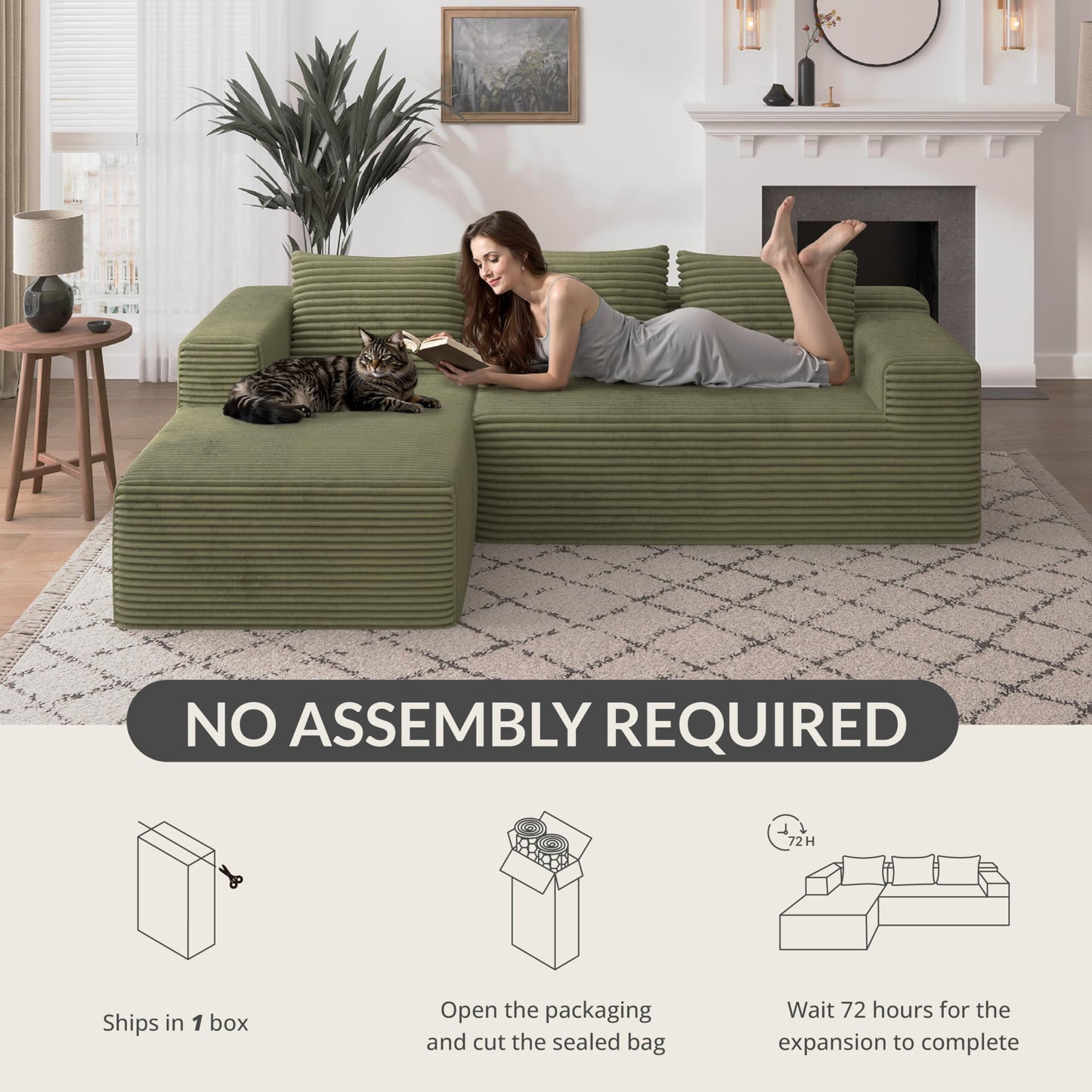 Attalee Modular Sectional Sofa for Living Room, L Shaped Compressed Corduroy Sectional Boneless Couches with Deep Seat and 4 Storage Pockets, Easy Assembly, Green