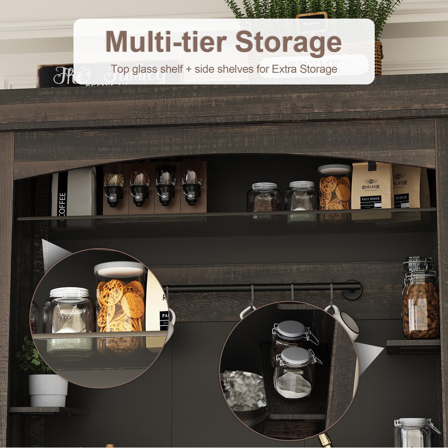 GarveeHome Coffee Bar Cabinet with LED Lights,72 '' Tall Buffet Cabinet with Storage,Farmhouse Kitchen Sideboard Tall Coffee Hutch with Microwave Stand/Wine Rack/Glass Shelf Dining Room(Oak)