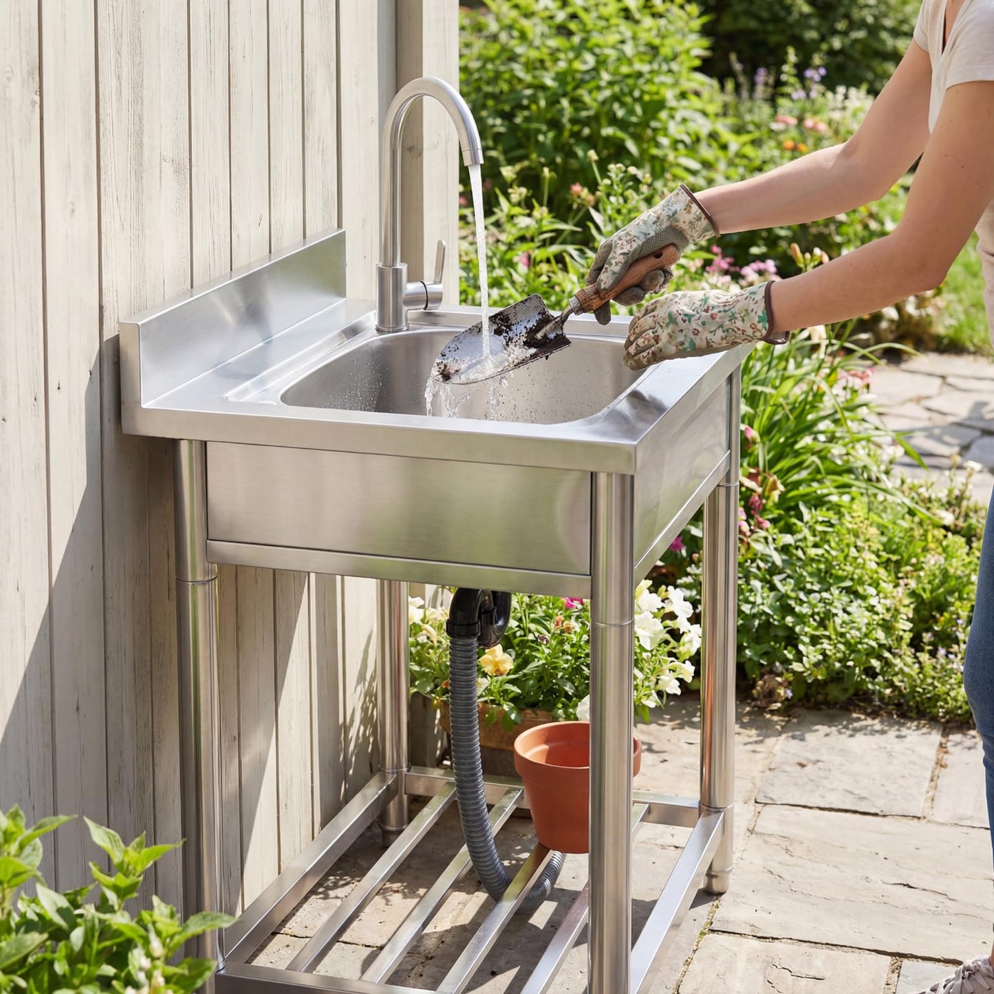 Free Standing Stainless-Steel Single Bowl Commercial Restaurant Kitchen Sink Set w/Faucet, Prep & Utility Washing Hand Basin w/Storage Shelve, laundry tub for Indoor Outdoor (22in)