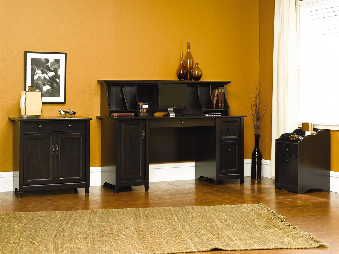 Sauder Edge Water Computer Desk with Storage Drawers, Home Office Desk, in Estate Black