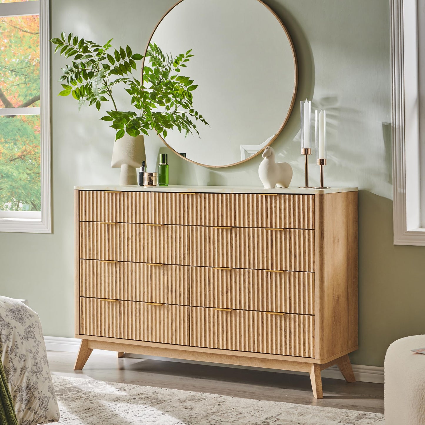 T4TREAM Fluted 9 Drawer Dresser, Modern Chest of Drawers with Faux Marble Top, Curved Profile Design, Dresser TV Stand, Wood Drawer Organizer for Bedroom, Living Room, Hallway, Natural Oak