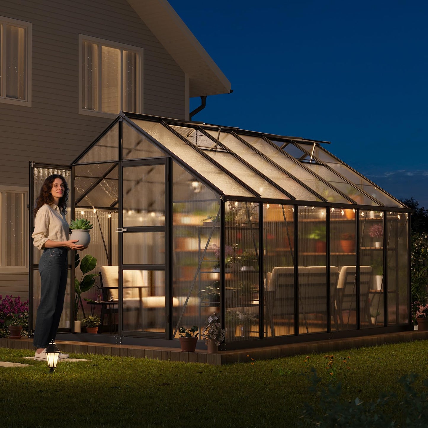 Garvee 12x8 ft Greenhouse, Easy Assembly Polycarbonate Greenhouses for Outdoor with Adjustable Roof Vent, Large Aluminum Walk-in Greenhouse with Lockable Hinged Door for Patio, Backyard, Garden, Black