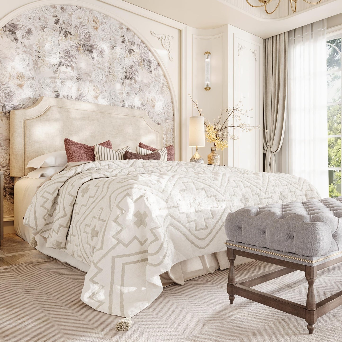 SHA CERLIN Chenille Queen Size Bed Frame with Belgrave Headboard, Beige