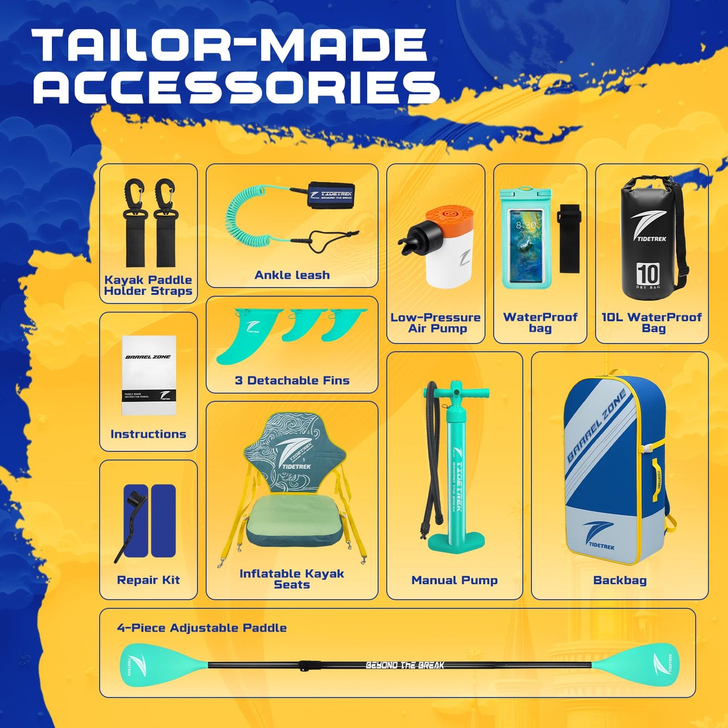 TIDETREK 11'/11'6" x 33"/34" x 6" Inflatable SUP Paddle Board – Extra-Wide, Stable Stand Up Paddle Board with Premium Full Accessory Set for Adults & Youth (Whale Dream/Kayak Seat, 11'x33 x6)