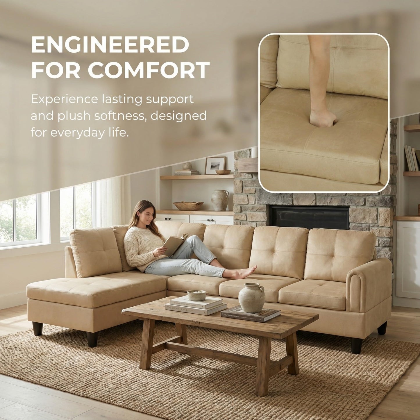 NicBex Comfy Couches for Living Room, 2-Piece 97" L-Shaped Sectional Couch with Movable Chaise, Modern Sofa Living Room Set for Apartment, Office & Bedroom, Beige