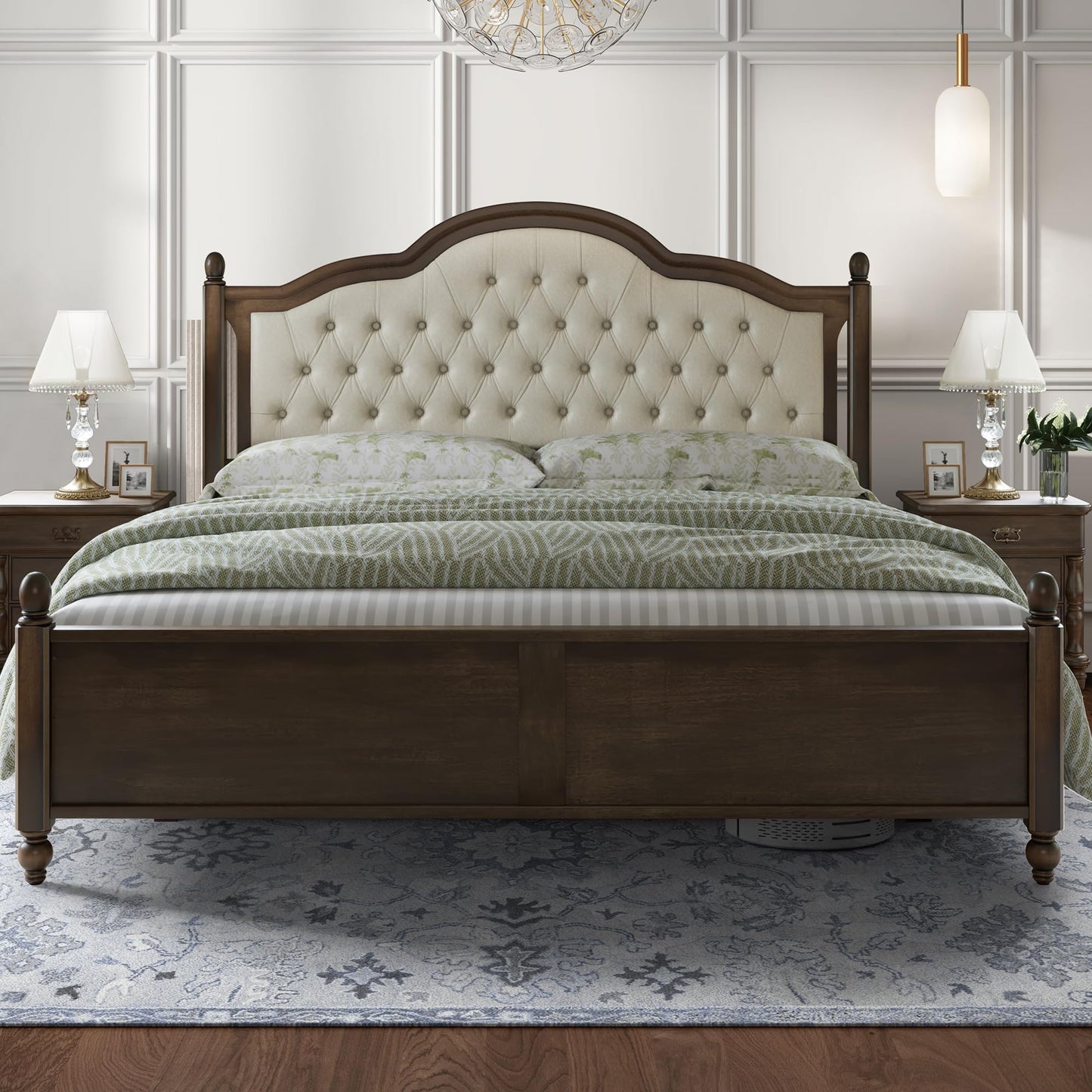 YUMPIE Queen Size Solid Wood Bed Frame, Transitional Platform Bed with 52.5" Tufted Upholstered Headboard, Rubberwood Construction, Roman Column Accents, No Box Spring Needed