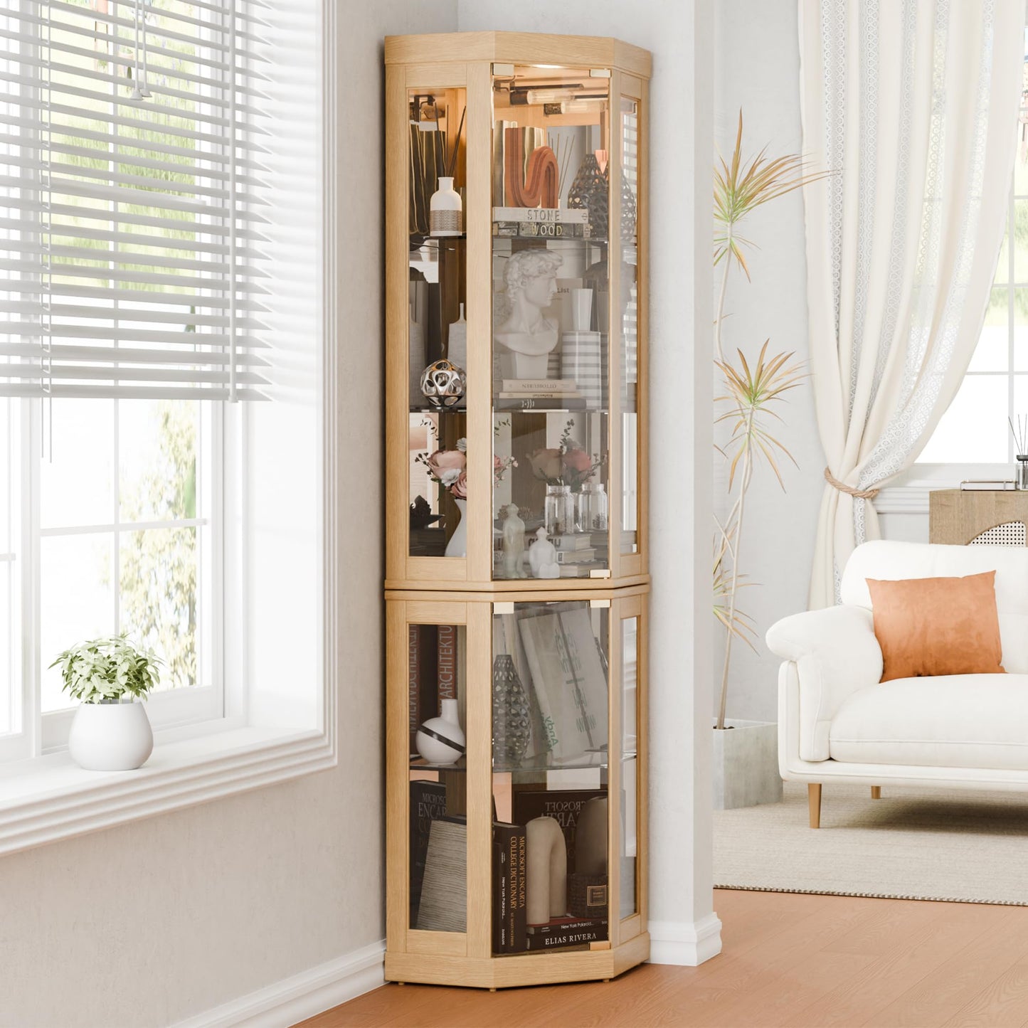 Trygoal 70" H Lighted Glass Display Cabinet, 3-Side Corner Curio Cabinet with Tempered Glass Doors, Elegant China Cabinet Dis, Accent Cabinet with Adjustable Shelves for Living Room, Light Oak