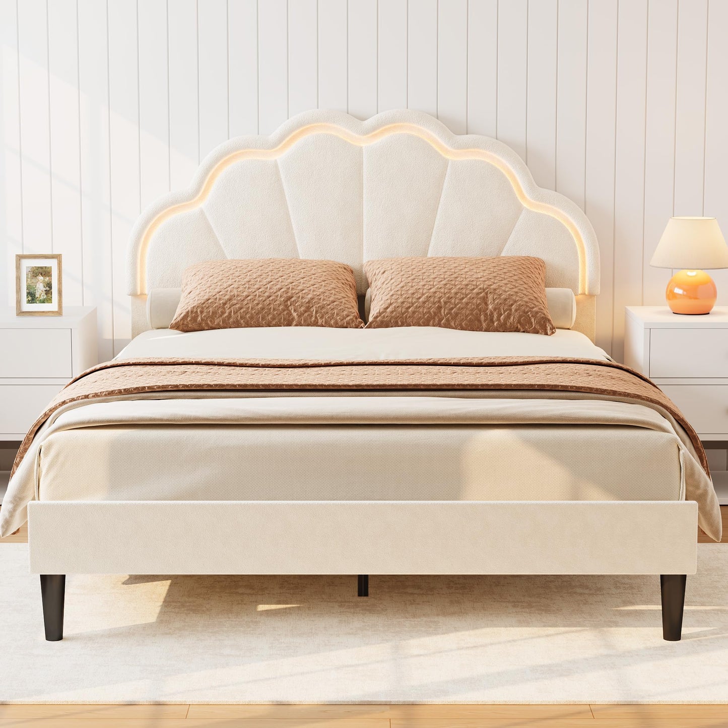 Garvee Queen Bed Frame, Velvet Platform Bed Frame with Adjustable Seashell Headboard and LED Light, Under Bed Storage, No Box Spring Needed, White