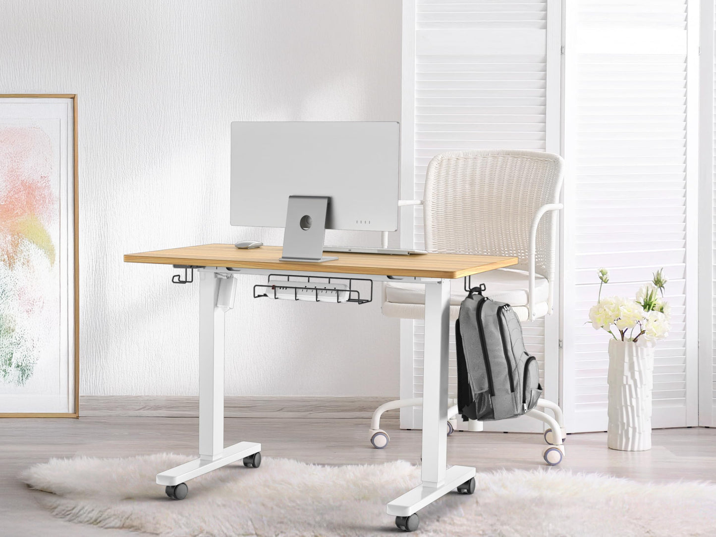 SHW 40-Inch Mobile Electric Height Adjustable Sit to Stand Desk with Drawer, Hanging Hooks and Cable Management, Oak