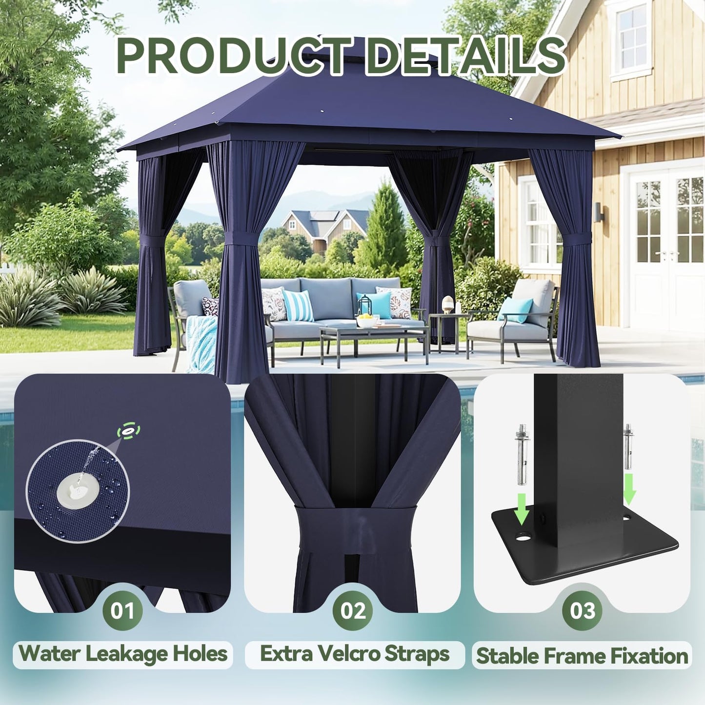 Aoxun 10x12 Outdoor Gazebo for Patio, Metal Frame Canopy Gazebo Double Roof Heavy Duty Backyard Gazebo with Mosquito Netting & Privacy Screen, Patio Shelter for Garden Lawn Deck (Navy Blue)