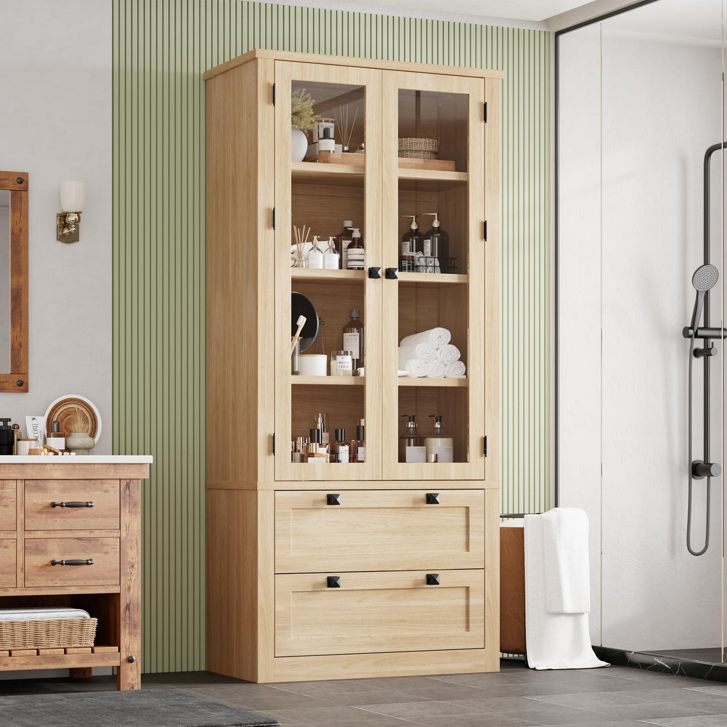 71" Tall Kitchen Pantry Cabinet - Modern Display Storage Cabinet with 2 Large Drawers, Glass Doors, and Adjustable Shelves, Farmhouse Kitchen Cupboard for Dining Room, Bathroom, Living Room, Natural