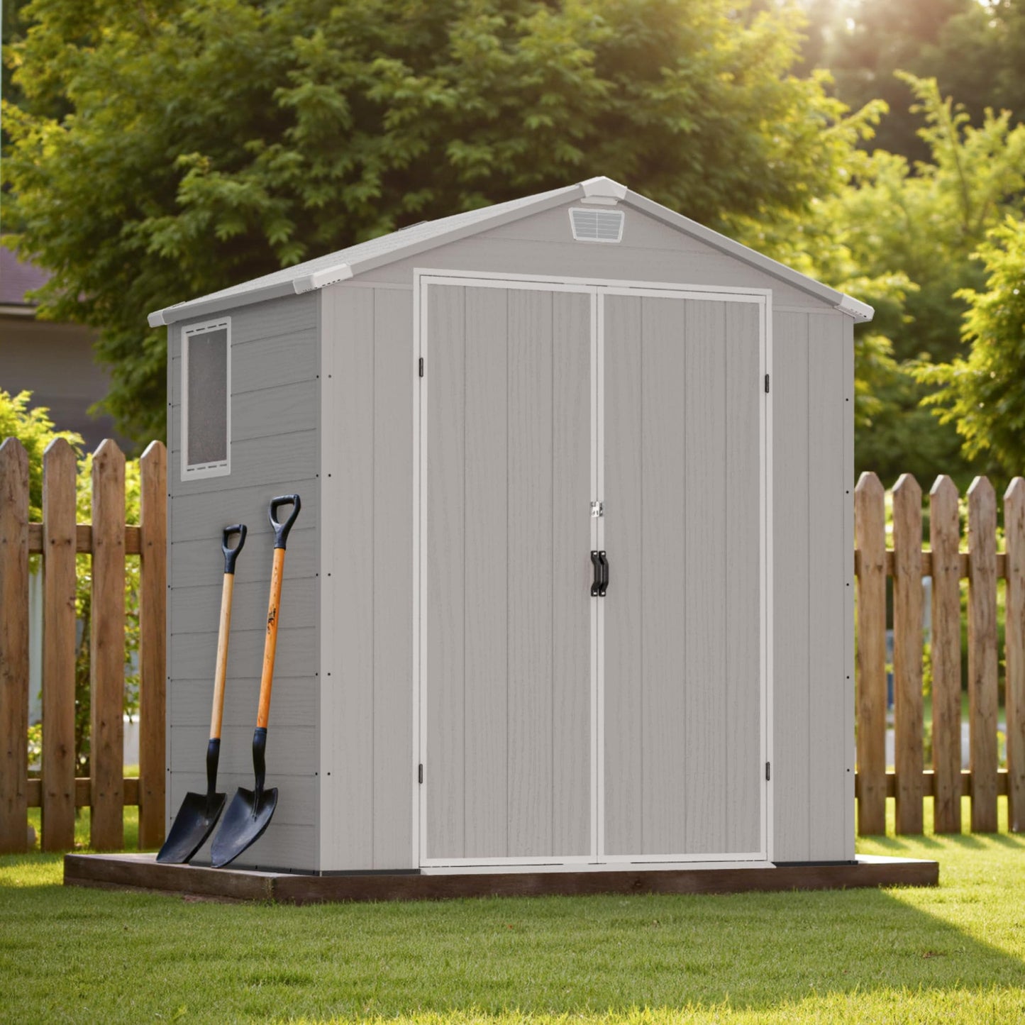Greesum 6x4FT Plastic Outdoor Storage Shed with Floor, Resin Sheds with Lockable Double Door, Tool Sheds with Window & Vents, for Garden, Yard, Patio, Light Gray