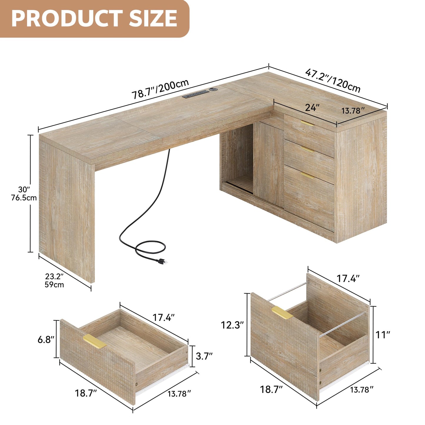 Homiflex 78.7" L-Shaped Executive Desk with Drawers and File Cabinet, Farmhouse Large Office Desk with Power Outlets & Sliding Door Storage, Corner Computer Desk for Home Office Gaming, Natural Oak