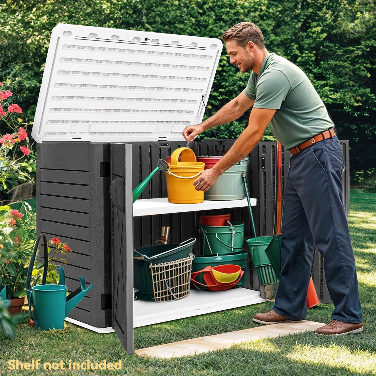 DWVO 35 Cu Ft Storage Shed with Unique X-Shaped Lockable Door, Outdoor Weatherproof Resin Shed Without Shelf for Waste Bins, Bicycles, Gardening & Lawn Equipment, Dark Gray