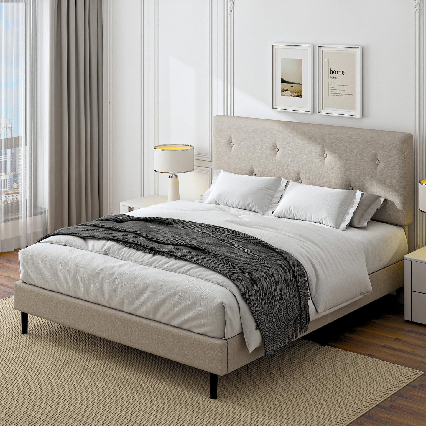 Mxhtcewz Full Size Linen Bed Frame, Upholstered Platform Bed Frame with Adjustable Headboard, Wooden Slats Support, No Box Spring Needed, Easy Assembly, Beige
