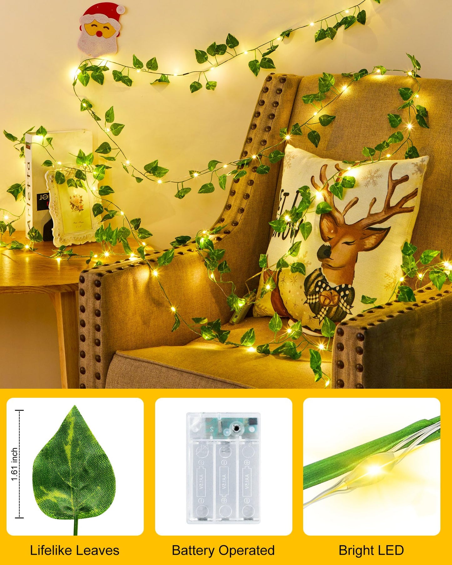 Minetom Fairy Lights - 21ft 60 LED Green Pothos Garland with Remote Control, Hanging Leaf String Lights for Bedroom and Dorm Room Decor