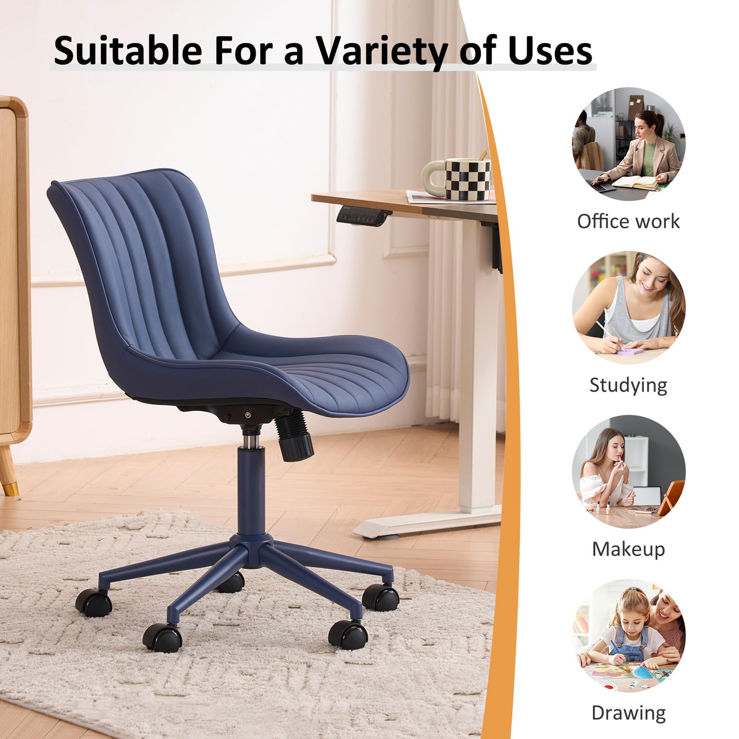 YOUNIKE Office Desk Chair with Wheels Armless Vanity Chair with Back Comfy Leather Upholstered Rolling Task Chair Swivel Small Cute Sewing Chair No Arms Wide Ergonomic Mid-Century Modern Navy Blue