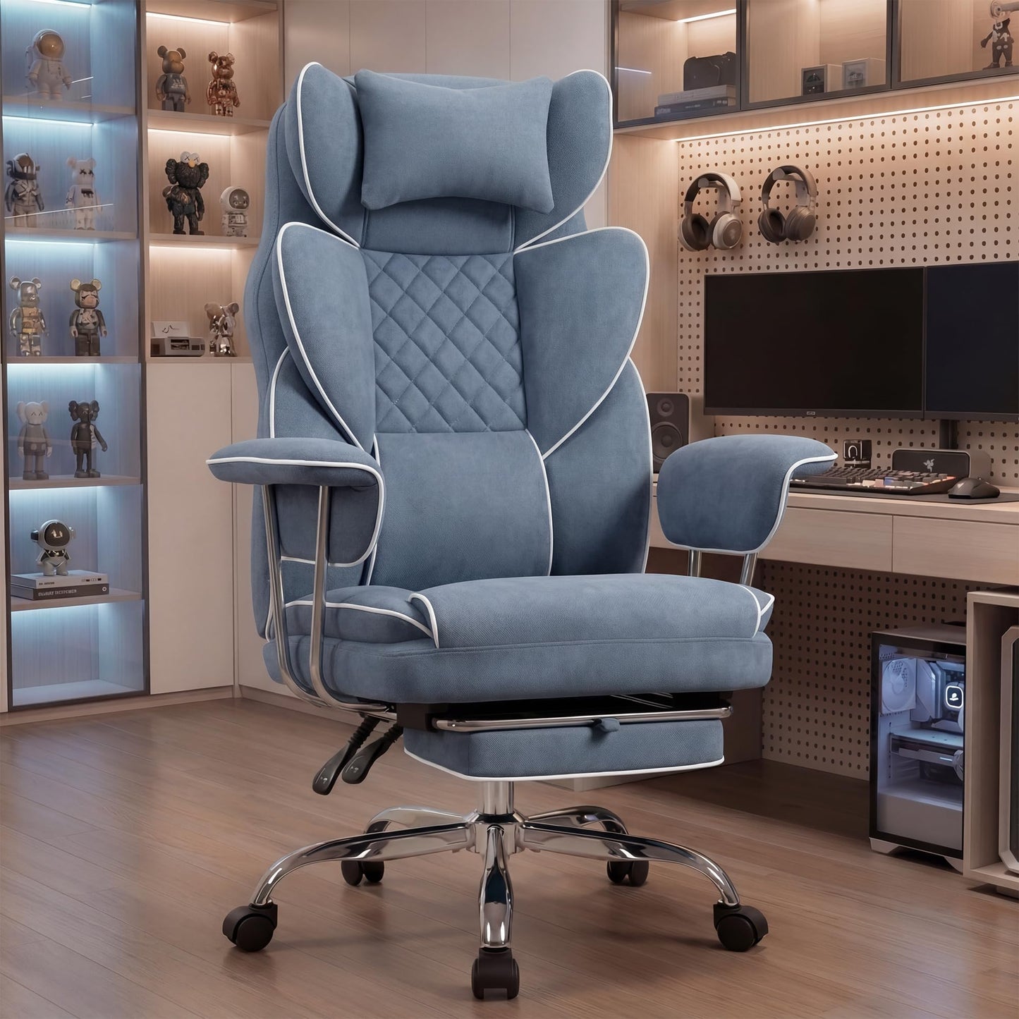 NEO Chair Big and Tall Offie Chair Gaming Computer Chair High Back Heavy Duty Desk Chai with Lumbar Support Adjustable Recliner Footrest Wide Seat Fabric Executive Home with Wheels (Fabric Blue)