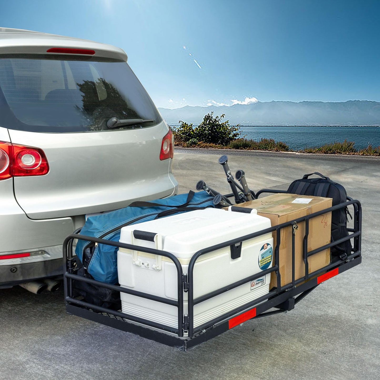 Season Guard Hitch Cargo Carrier with 14" High Side Rails, 60"x24"x14" Folding Steel Basket Rack, Heavy Duty Luggage Platform Fits 2" Receiver for SUV, RV, Trailer, Pickup Truck, 500lbs Capacity