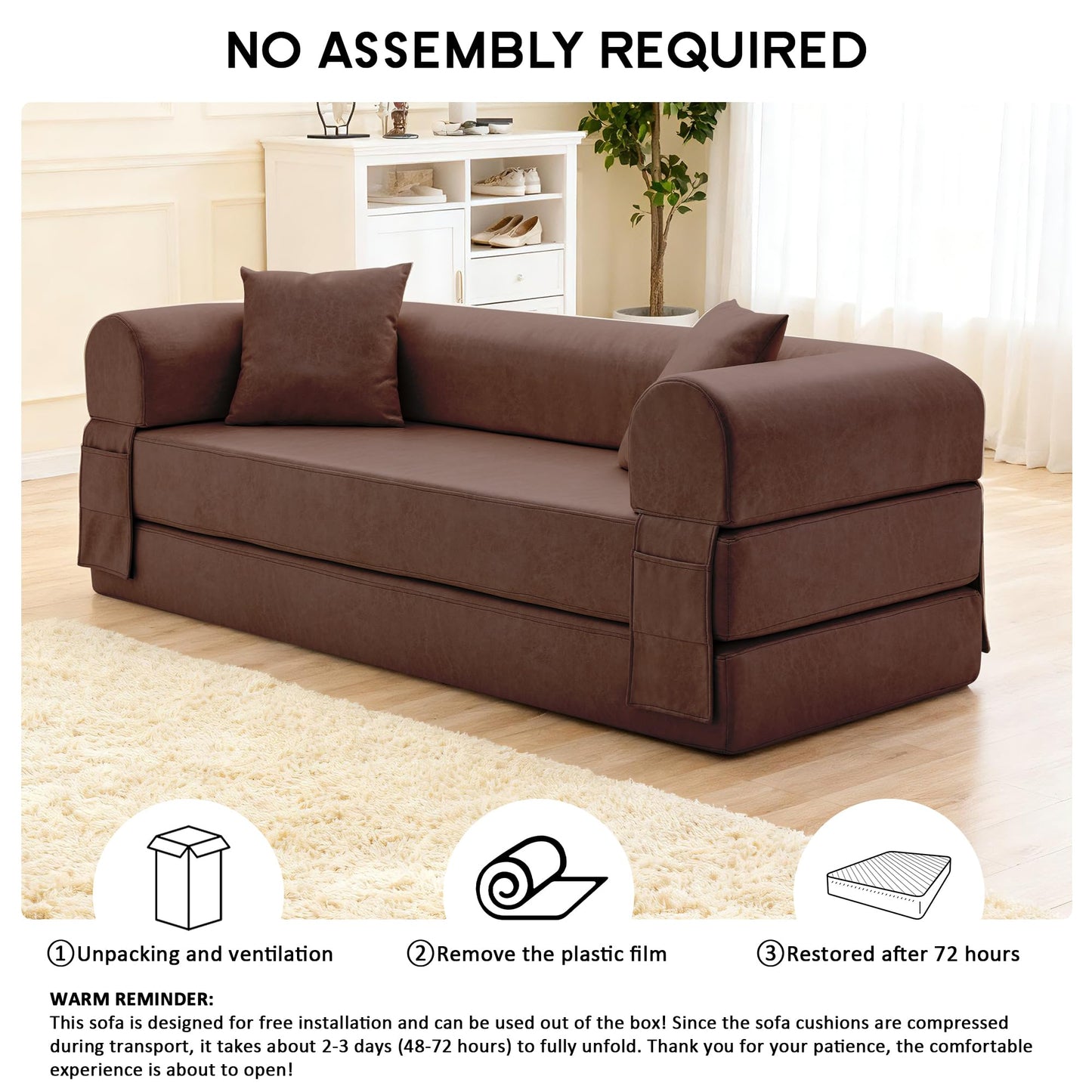 78.5" Convertible Sleeper Sofa Bed, Faux Leather Deep Seat Folding Floor Sofa with Pullout Bed & 2 Pillows, No Assembly Modern Boneless Couch Compression Sofa in Box for Living Room, Office, Brown
