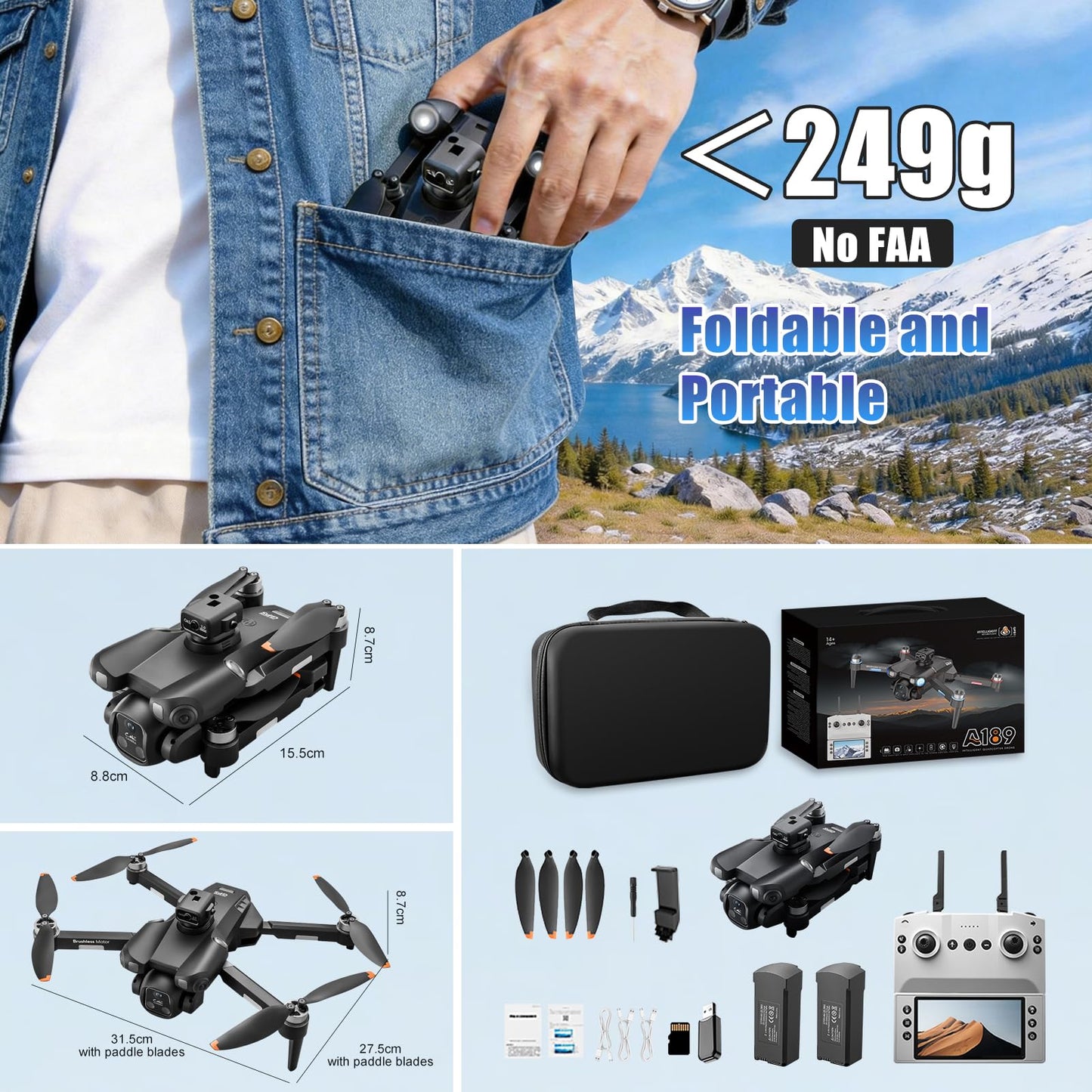 A189 GPS Drones with Camera for Adults 4K, 60Min Flight Time, 360° Obstacle Avoidance, 4.5" FPV Screen, 9842FT Long Control Range RC Quadcopter, One-Key Airdrop, Auto Return, Follow Me, Foldable Easy Fly Drones for Beginners, Birthday Gift, Under 249g
