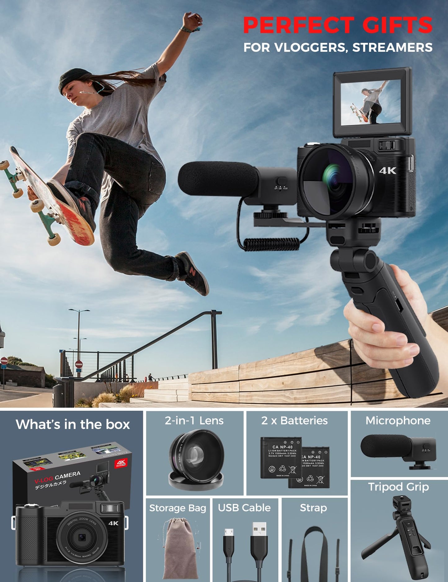 4K Digital Camera with Creator Accessory Kit 48MP Remote Control Vlogging Camera for Vloggers Autofocus Flip Screen Photography Cameras with Tripod Grip, Wide-angle & Macro lens, Mic, Batteries