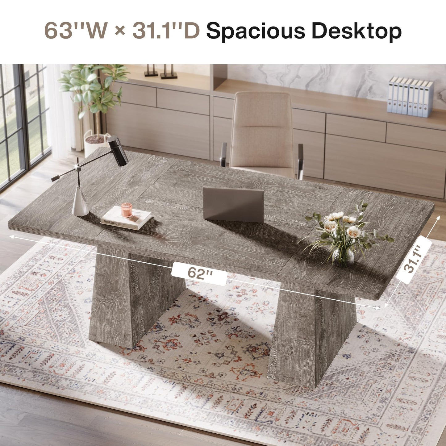 Tribesigns 63-Inch Executive Desk, Large Office Computer Desk with Double Pedestal, Modern Simple Workstations Writing Table Conference Table Business Furniture for Home Office, Grey
