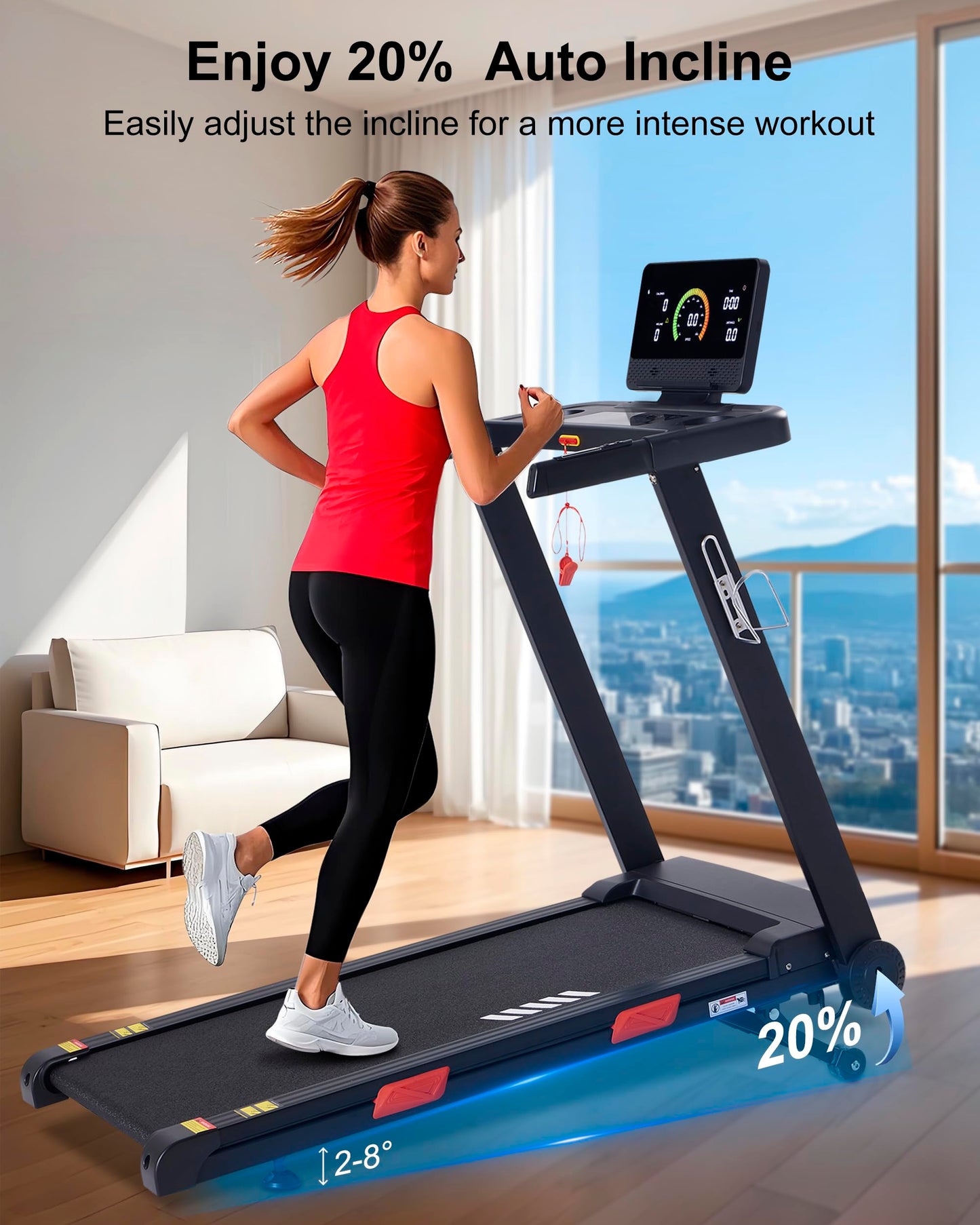 ATEEDGE Treadmill with Auto Incline, 20% Incline, 3.0HP, 10 MPH Running Machine, 18.5" Wide Belt, 350 lbs Capacity, Treadmill for Home with Bluetooth App