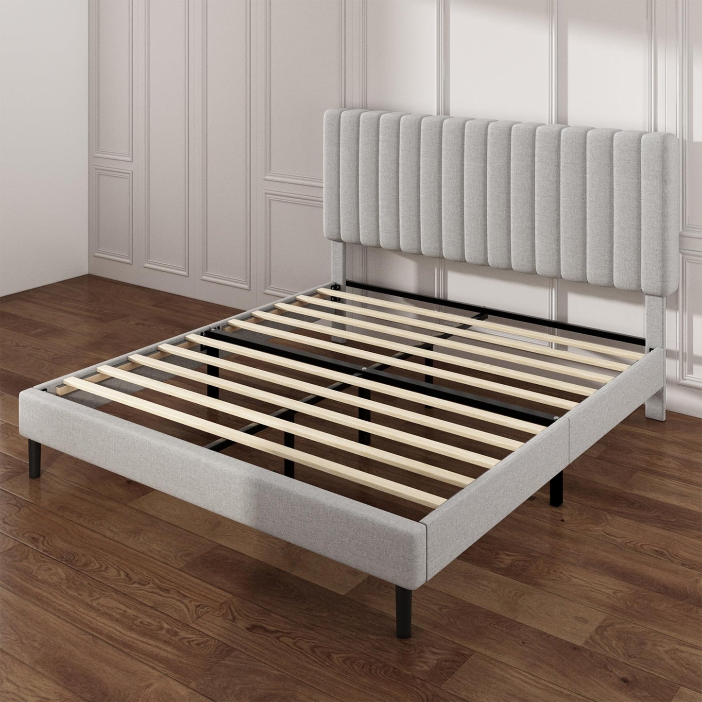 Mxhtcewz Queen Size Platform Bed Frame with Vertical Channel Tufted Headboard, No Box Spring Needed, Noise-Free, Easy Assembly, Light Grey Linen