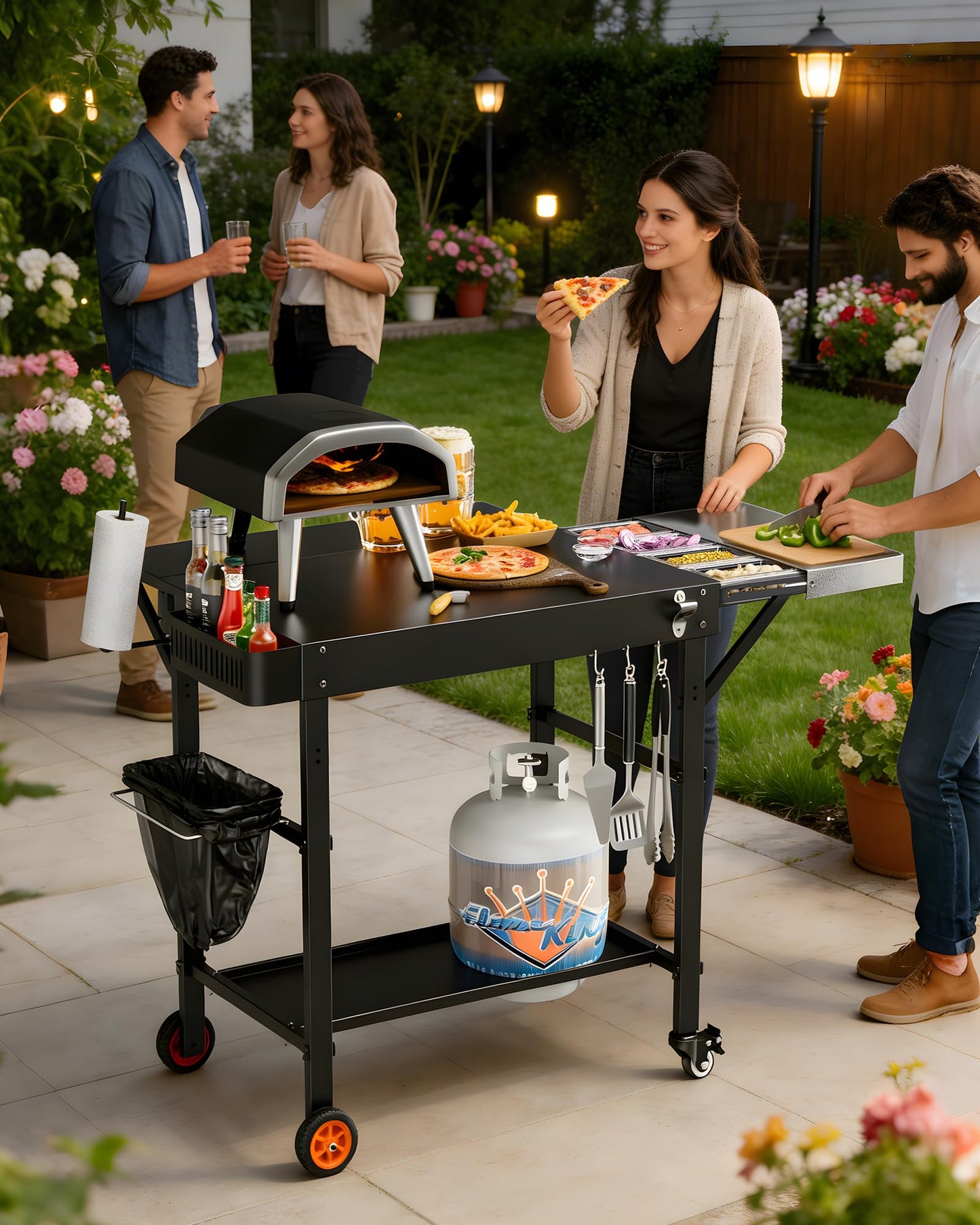 Pizza Oven Table, Grill Table for Ninja Pizza Oven, Pizza Oven Cart Fits Blackstone 17/22 Griddle, Koda 12/16, Cuisinart Gozney, Solo Stove,Outdoor Pizza Oven cart with Sliding Covered Storage Tray