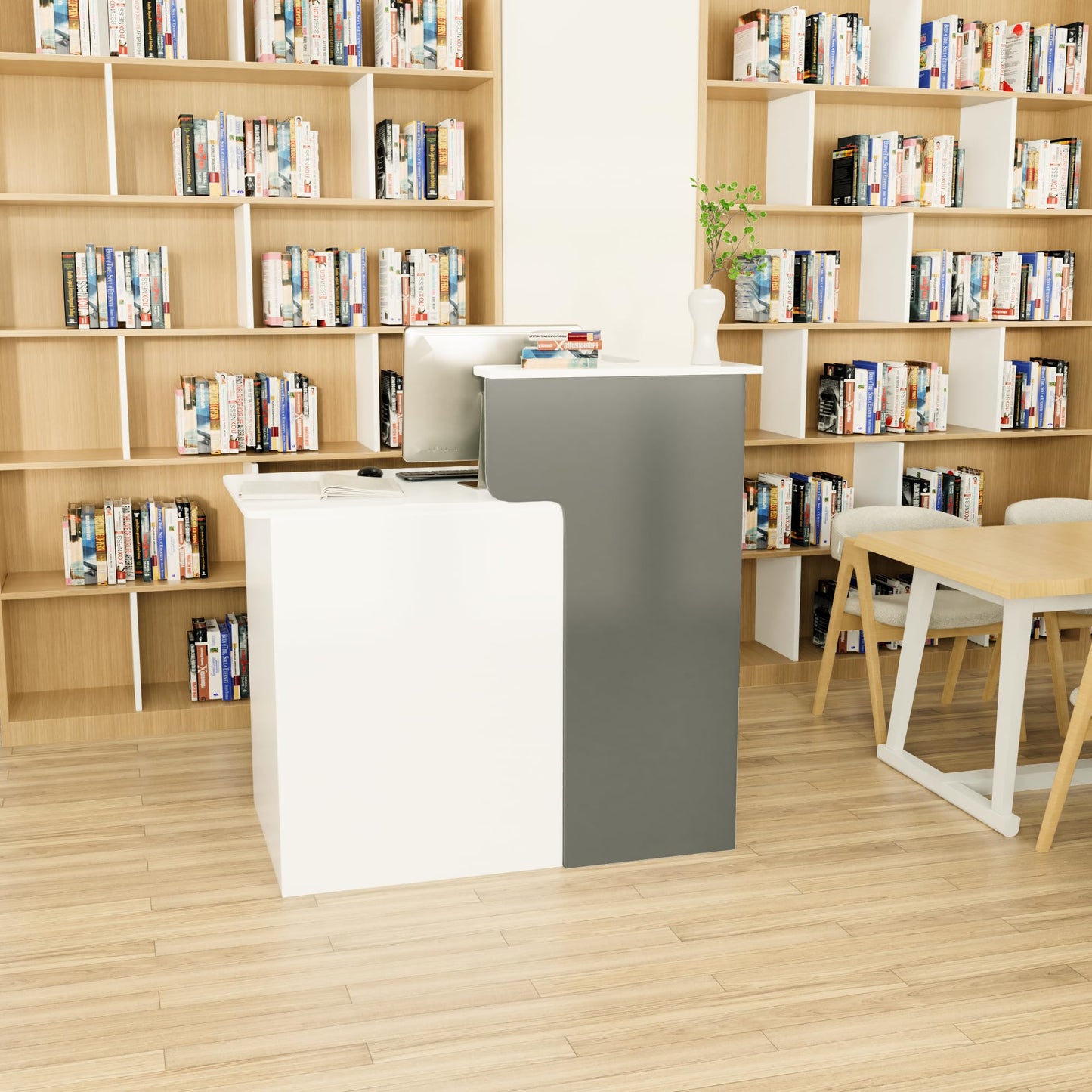 HPLWYM L Shaped Reception Desk with Lockable Drawer, Small Front Desk, Office Reception Room Table, Checkout Retail Counter for Office Lobby Cafe Salon (White+Grey, 39.4"(L) x23.6(W) x39.4(H))