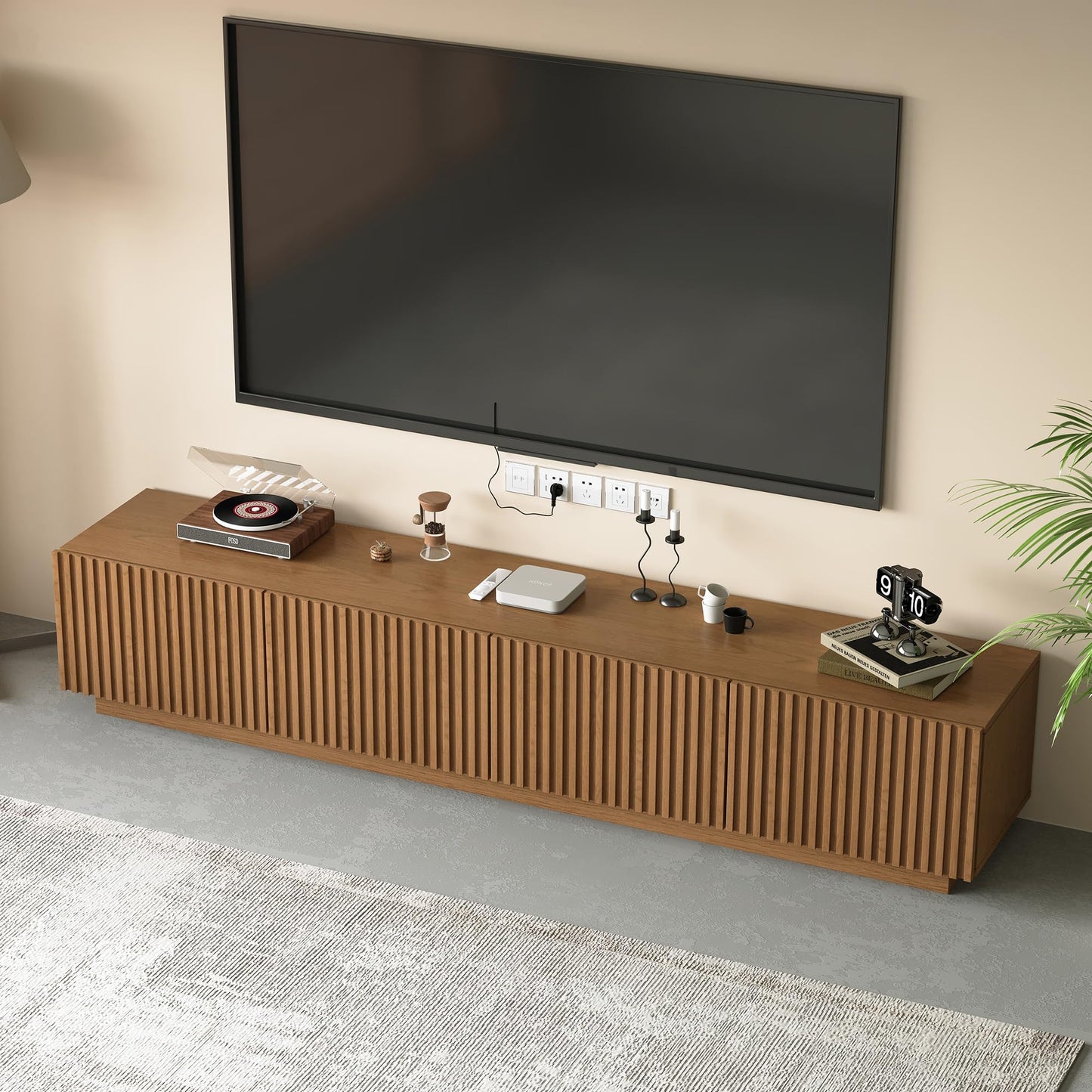 DinaiteEain 86.61" Mid Century Modern TV Stand for TVs up to 85 Inch, Walnut Media Console with 4 Doors & Large Storage, Entertainment Center for Living Room or Bedroom