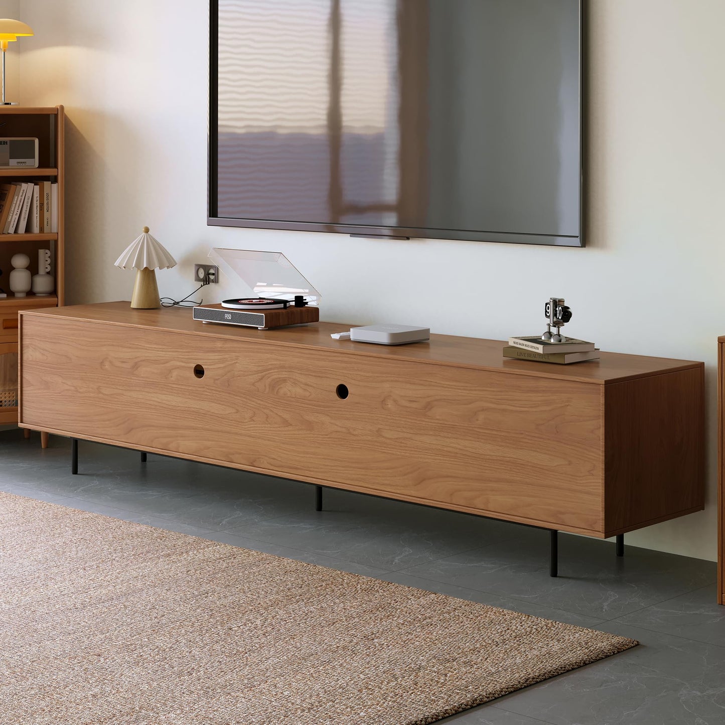 DinaiteEain Mid Century Modem TV Stand for 80 Inch TVs and Larger, Walnut Entertainment Center with 4 Doors, Large Storage &Cable Management, Media Console for Living Room (94.48 Inches)