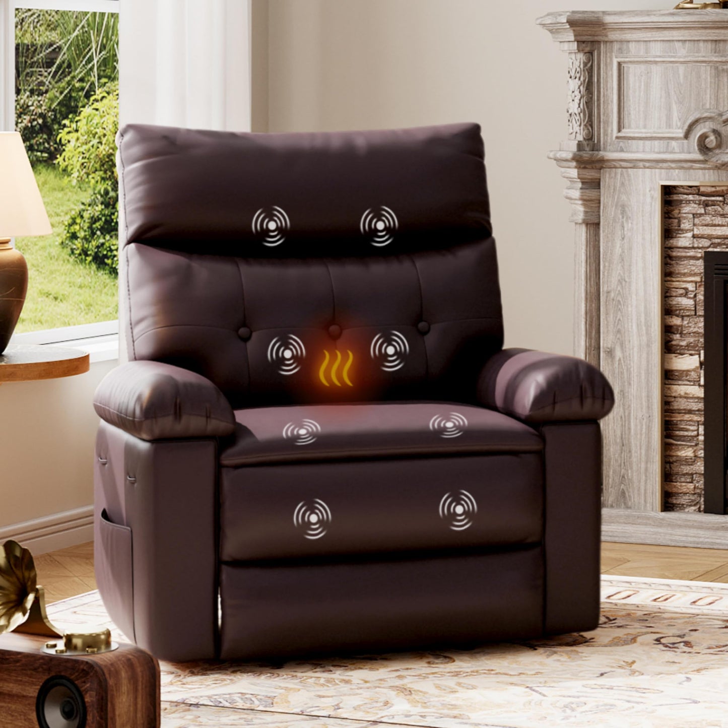 GarveeHome Oversized Leather Recliner Chair - Heat and Massage, Swivel Rocker Manual Recliner for Adults, Lazy Rocking Chair with Comfort Arms and Back Single Sofa for Living Room