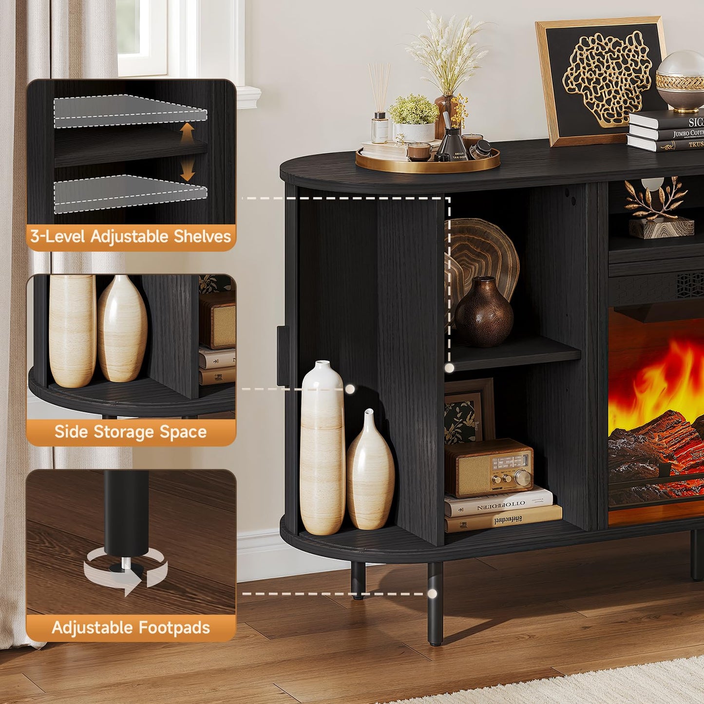 63" Fluted Fireplace TV Stand with 23" Electric Fireplace, Sliding Doors Entertainment Center for TVs Up to 70", TV Console with Power Outlet & Storage, Mid-Century Modern for Living Room, Black