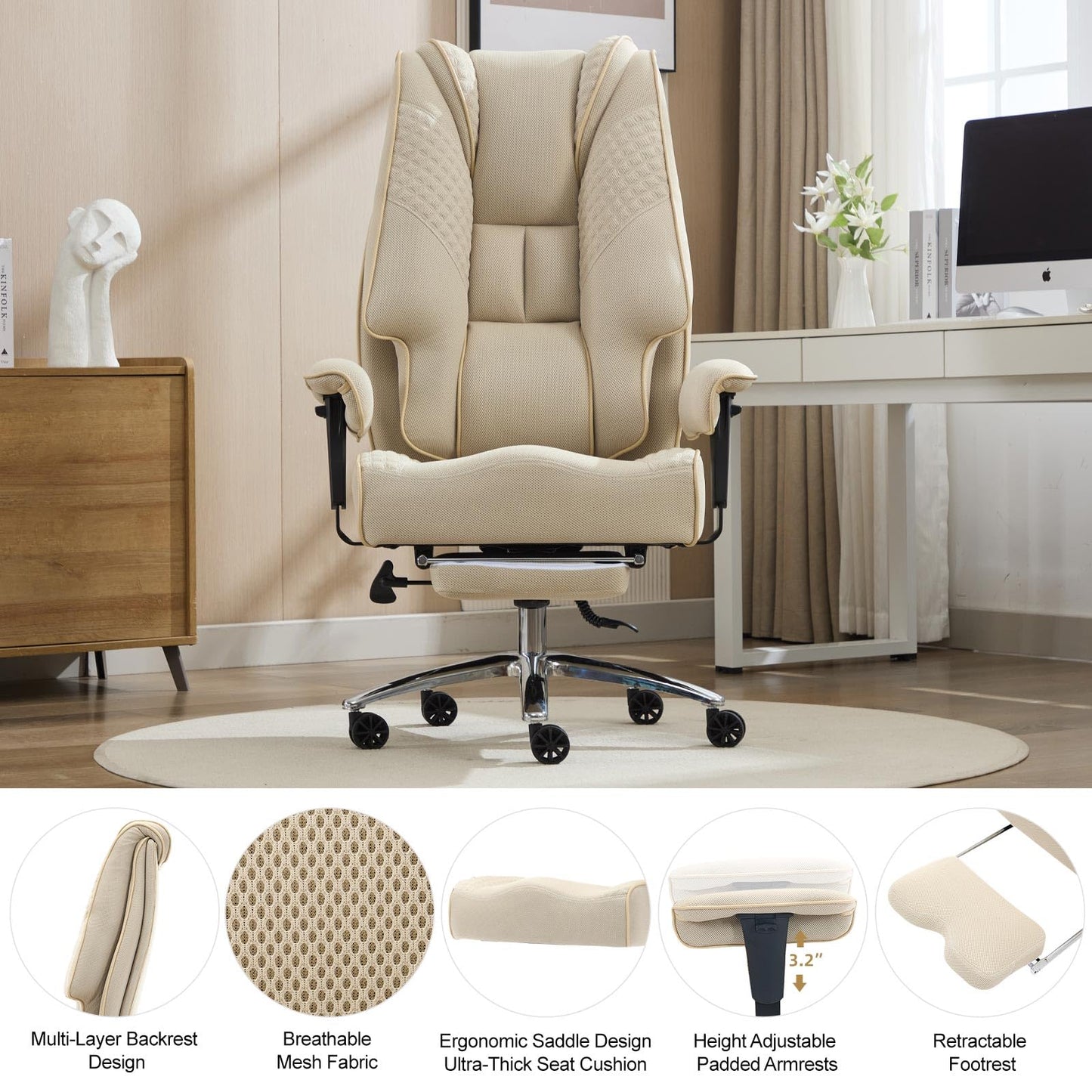 EXCEBET Big and Tall Office Chair 400lbs Wide Seat, Leather High Back Executive Office Chair with Lumbar Support, Ergonomic Chairs Padded Armrests & Thick Cushion (Mesh Beige)